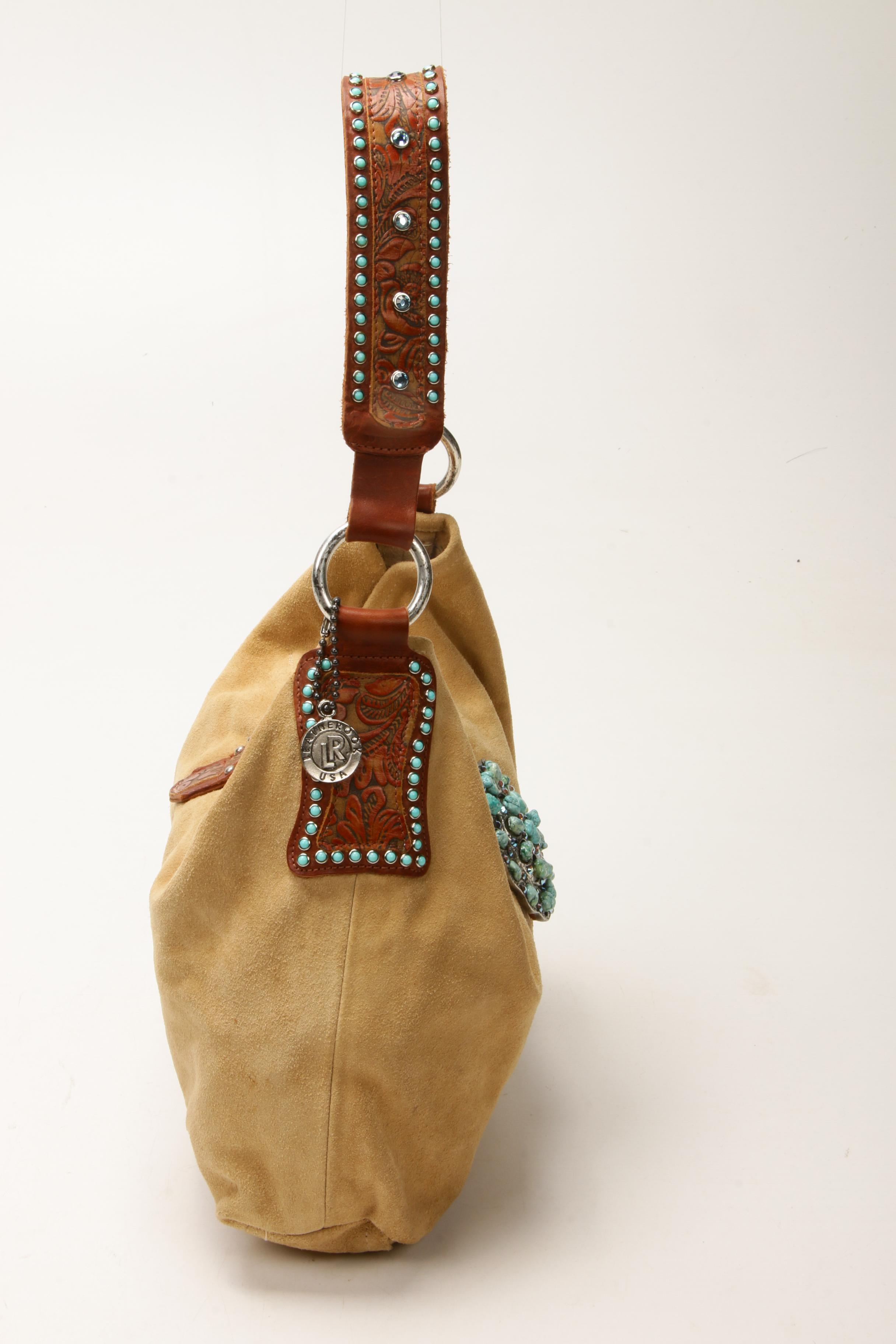 Leatherock Embellished Beige Suede with Tooled Leather Strap Shoulder Bag