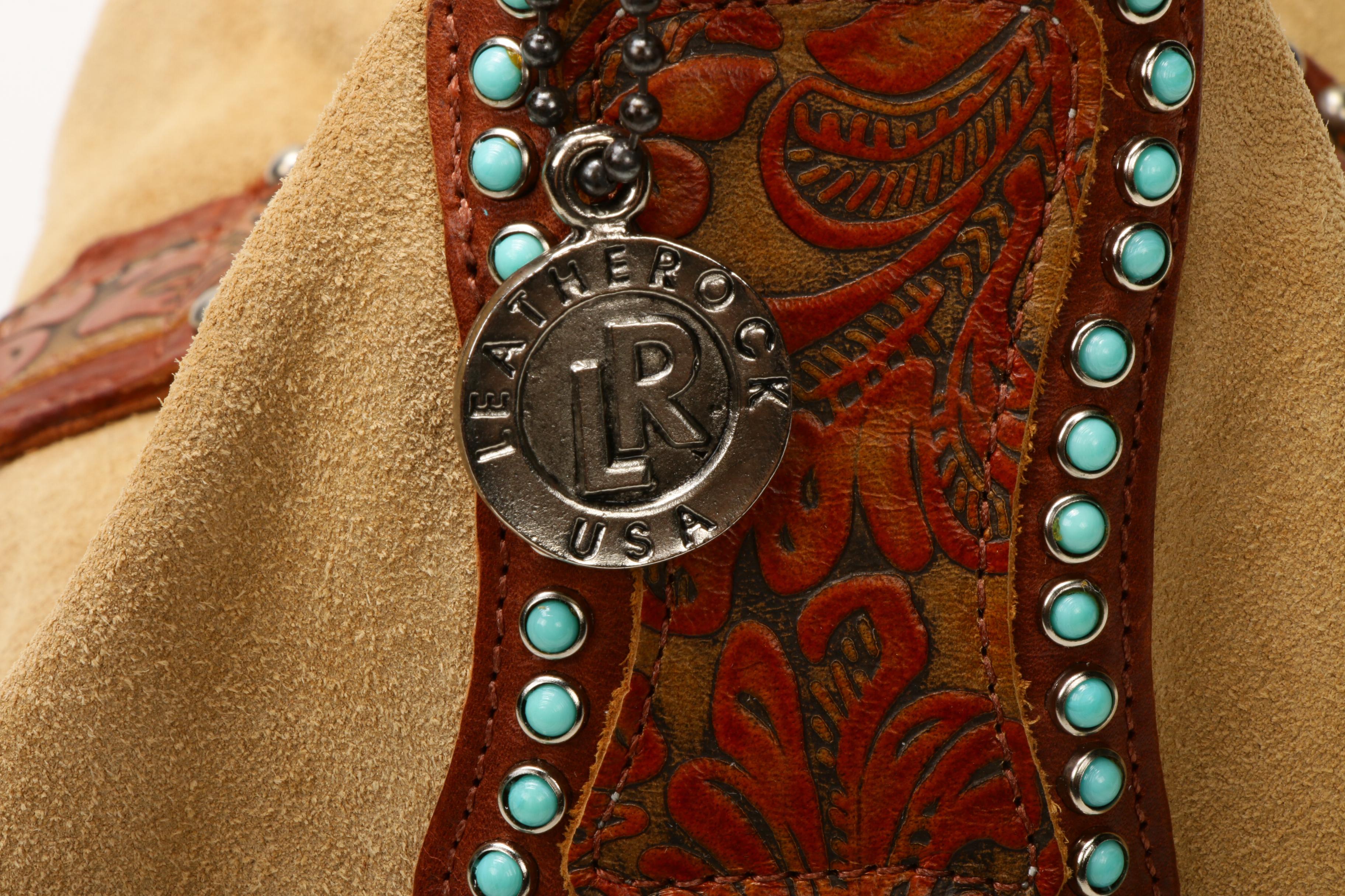 Leatherock Embellished Beige Suede with Tooled Leather Strap Shoulder Bag