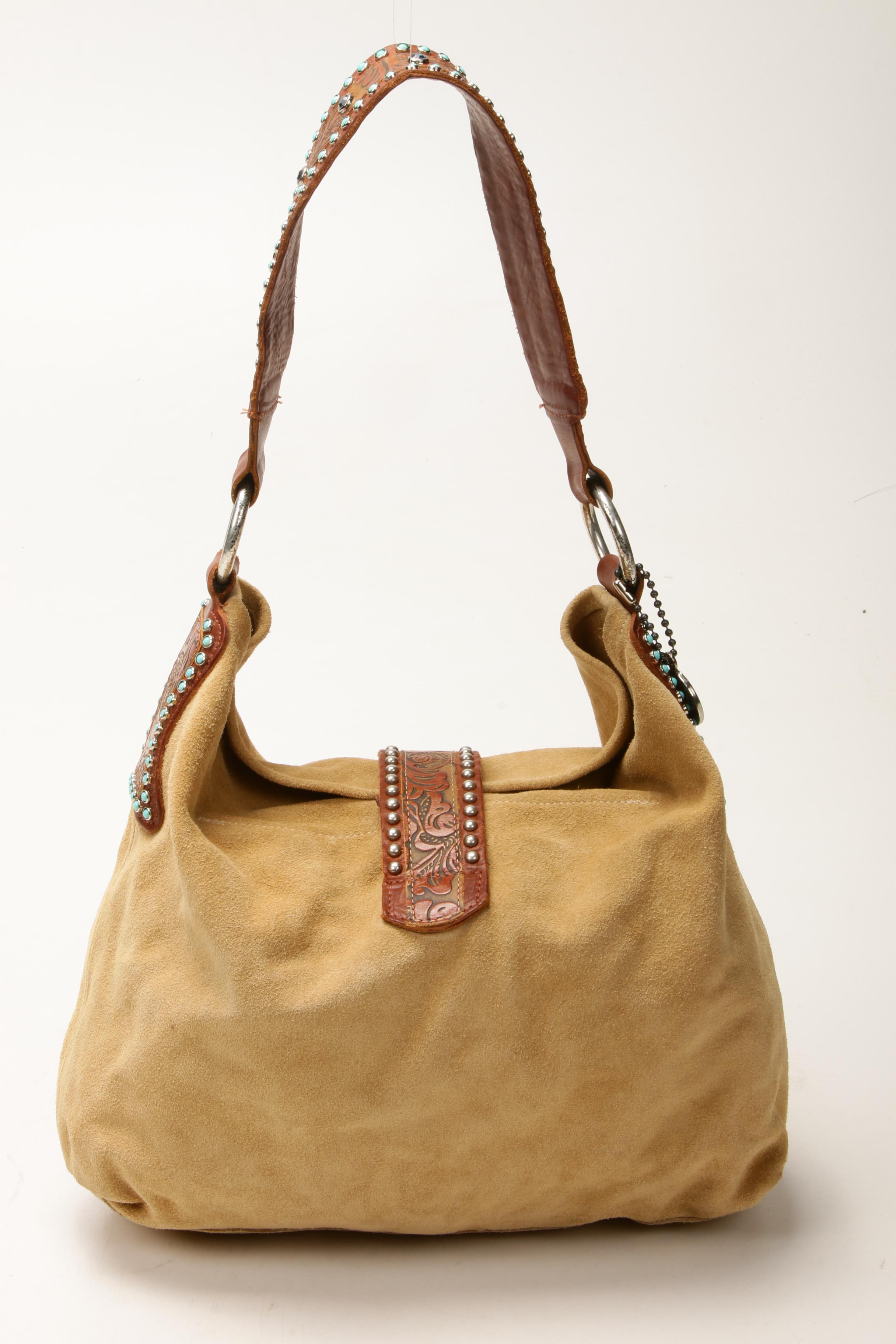 Leatherock Embellished Beige Suede with Tooled Leather Strap Shoulder Bag