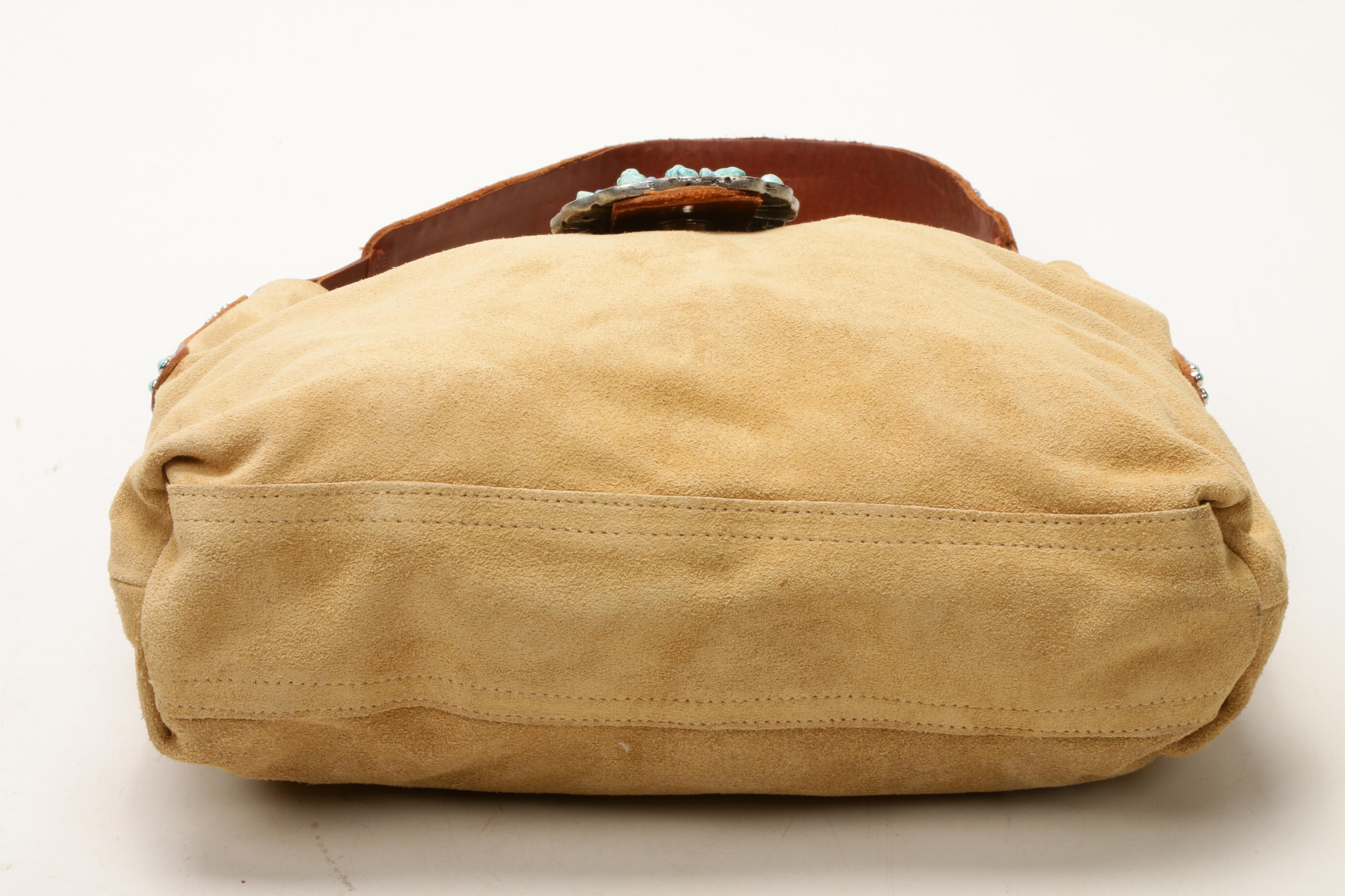 Leatherock Embellished Beige Suede with Tooled Leather Strap Shoulder Bag