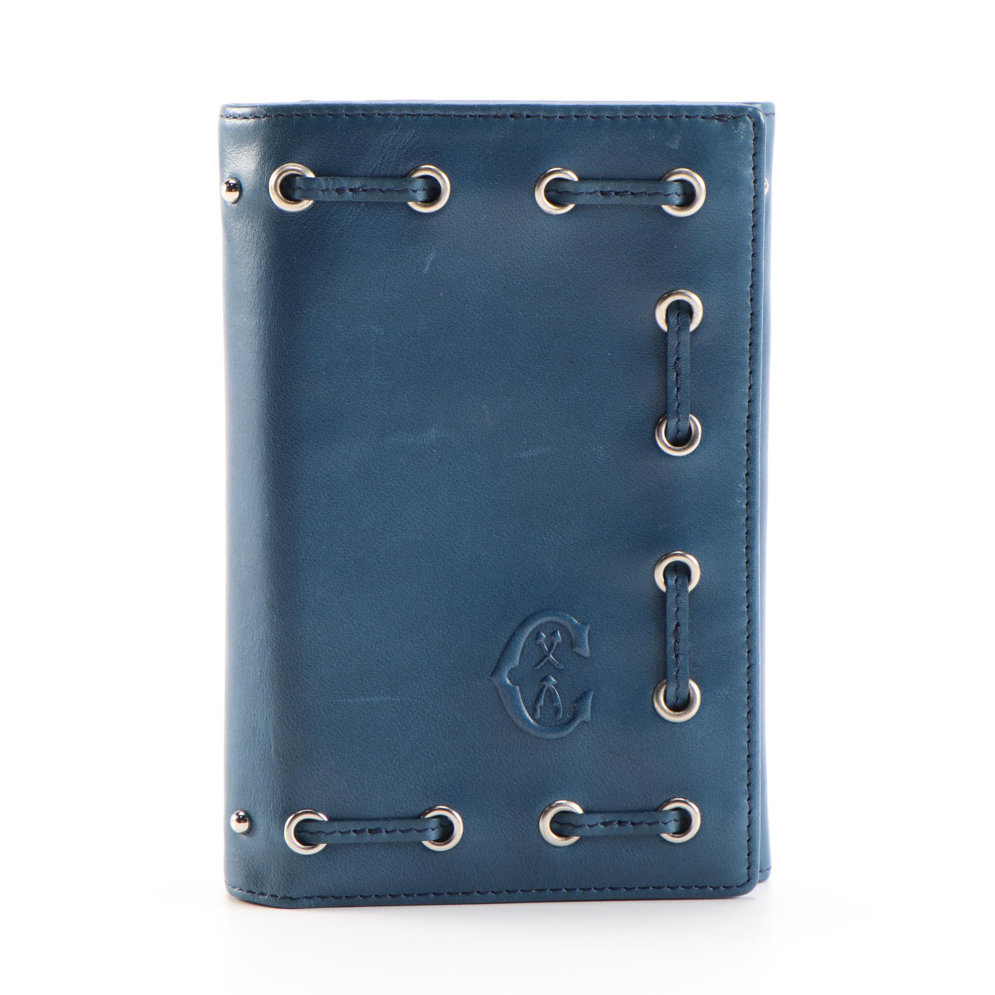 Charriol Blue Leather Accordion Wallet with Grommets and Lacing Detail