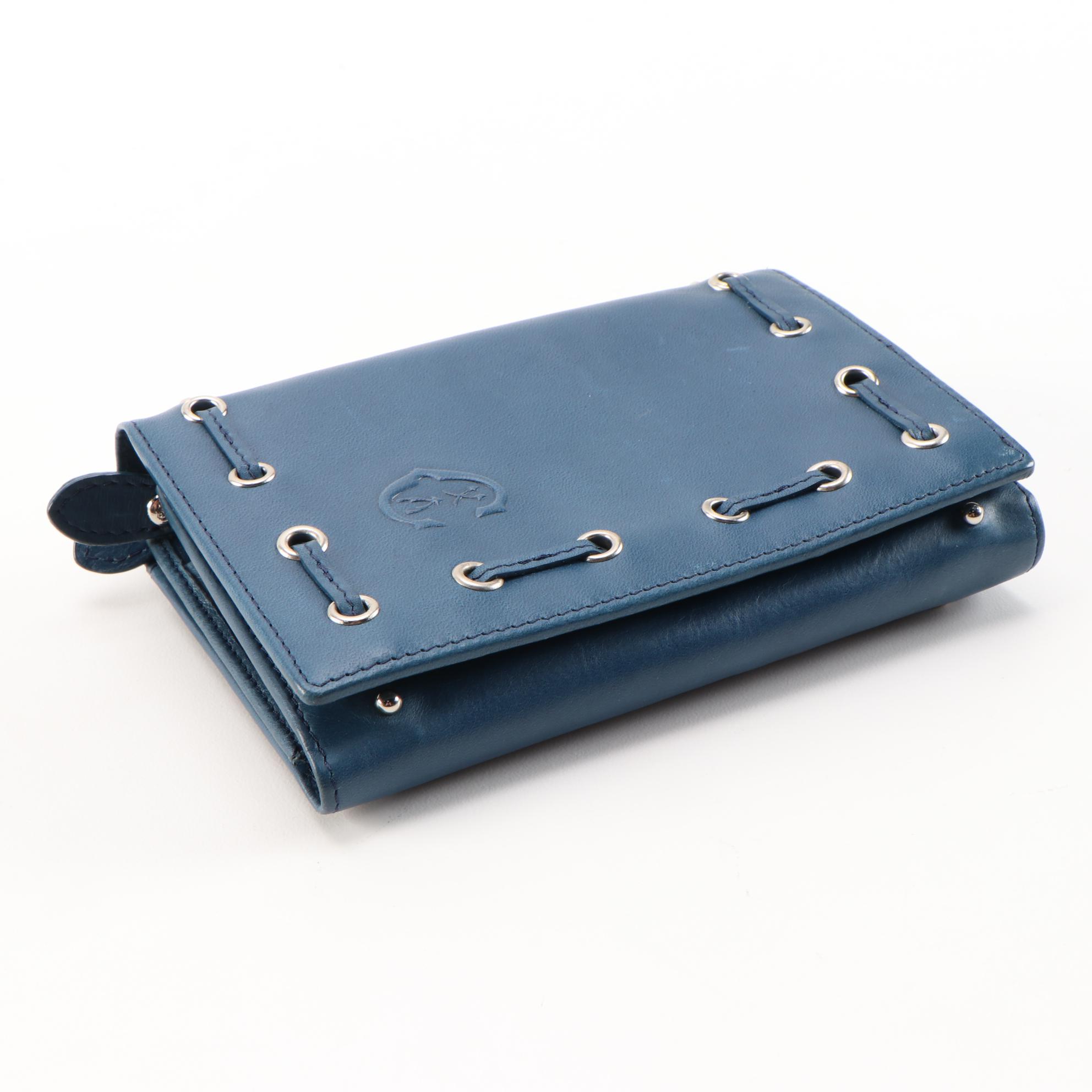 Charriol Blue Leather Accordion Wallet with Grommets and Lacing Detail