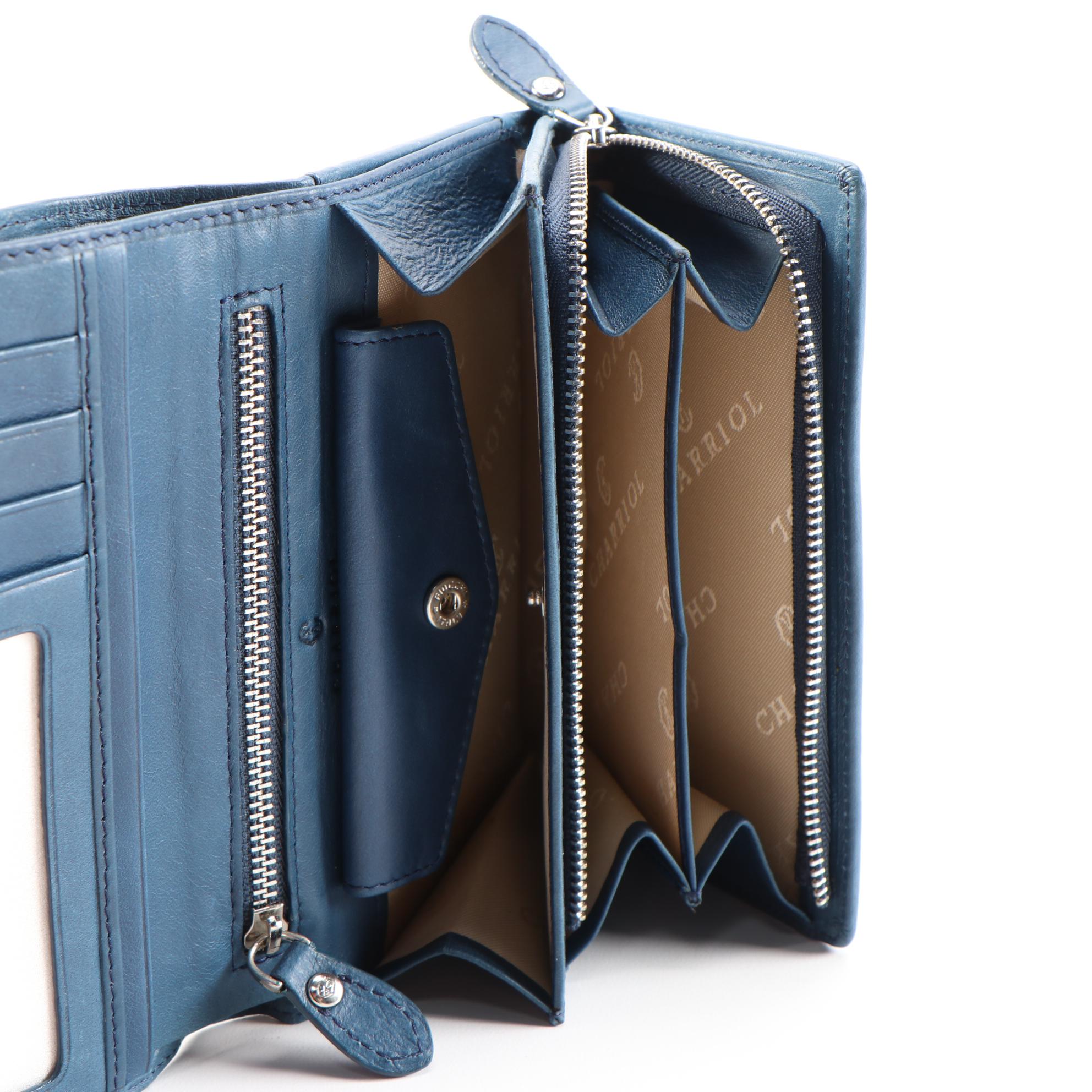 Charriol Blue Leather Accordion Wallet with Grommets and Lacing Detail