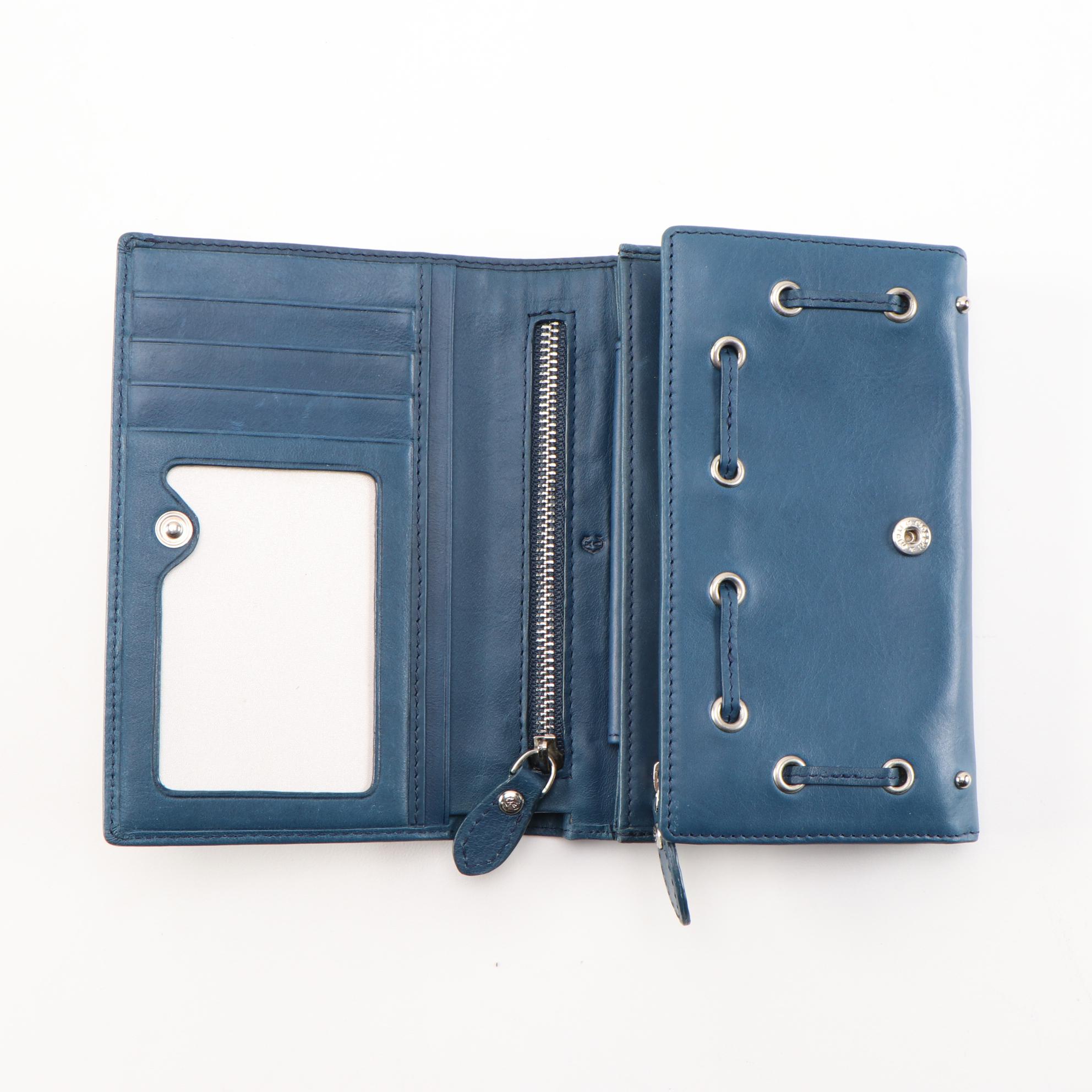 Charriol Blue Leather Accordion Wallet with Grommets and Lacing Detail