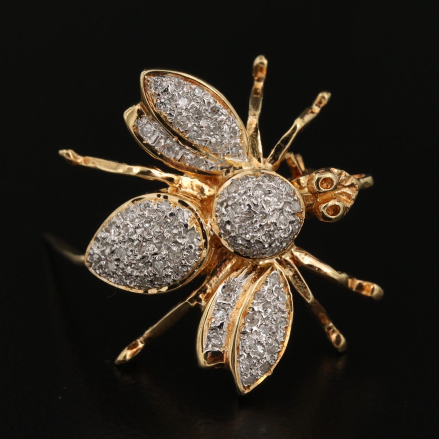 14K Yellow Gold Diamond Insect Converter Brooch