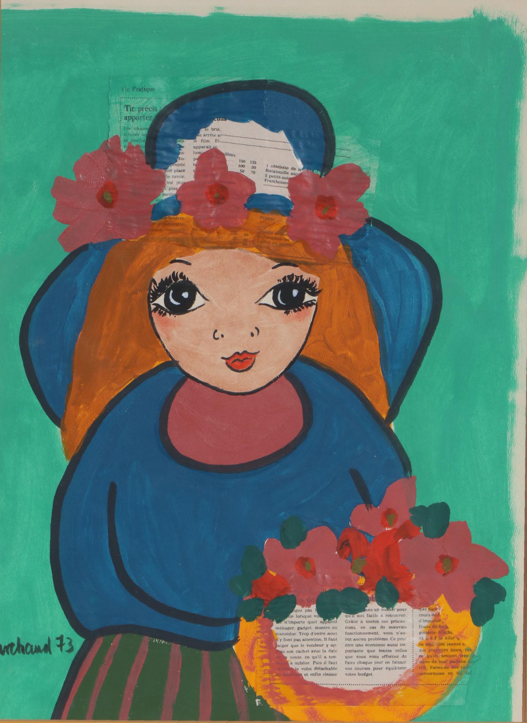 Gouache Painting and Collage "Flower Girl", 1973