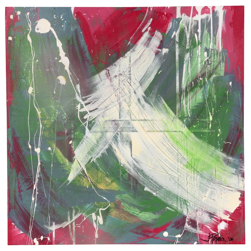 J. Popolin Abstract Acrylic Painting "Red Green Gray with White", 2020