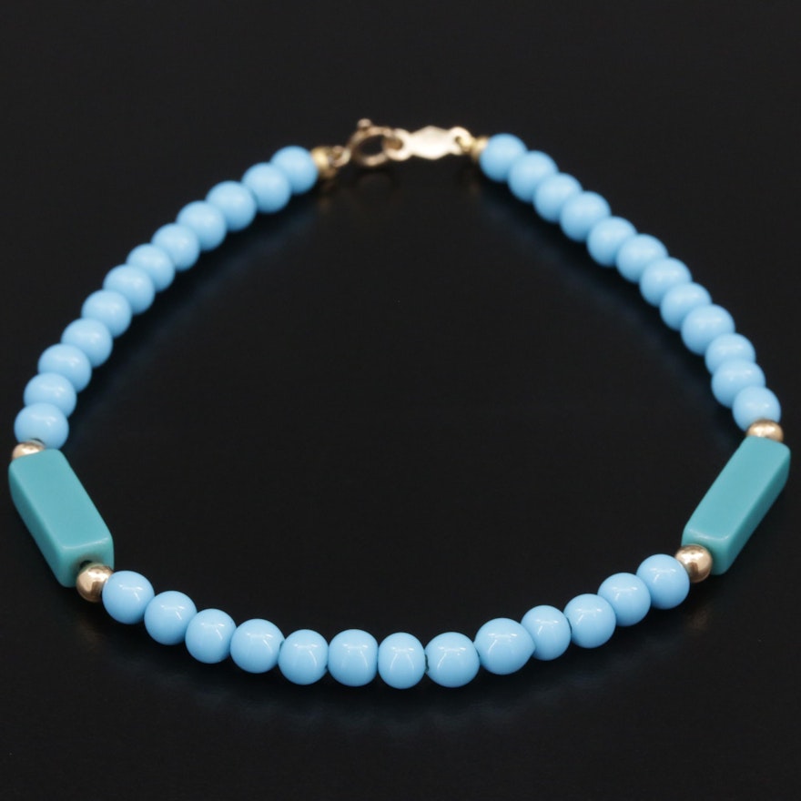 Imitation Turquoise Beaded Bracelet with 14K Yellow Gold Accents