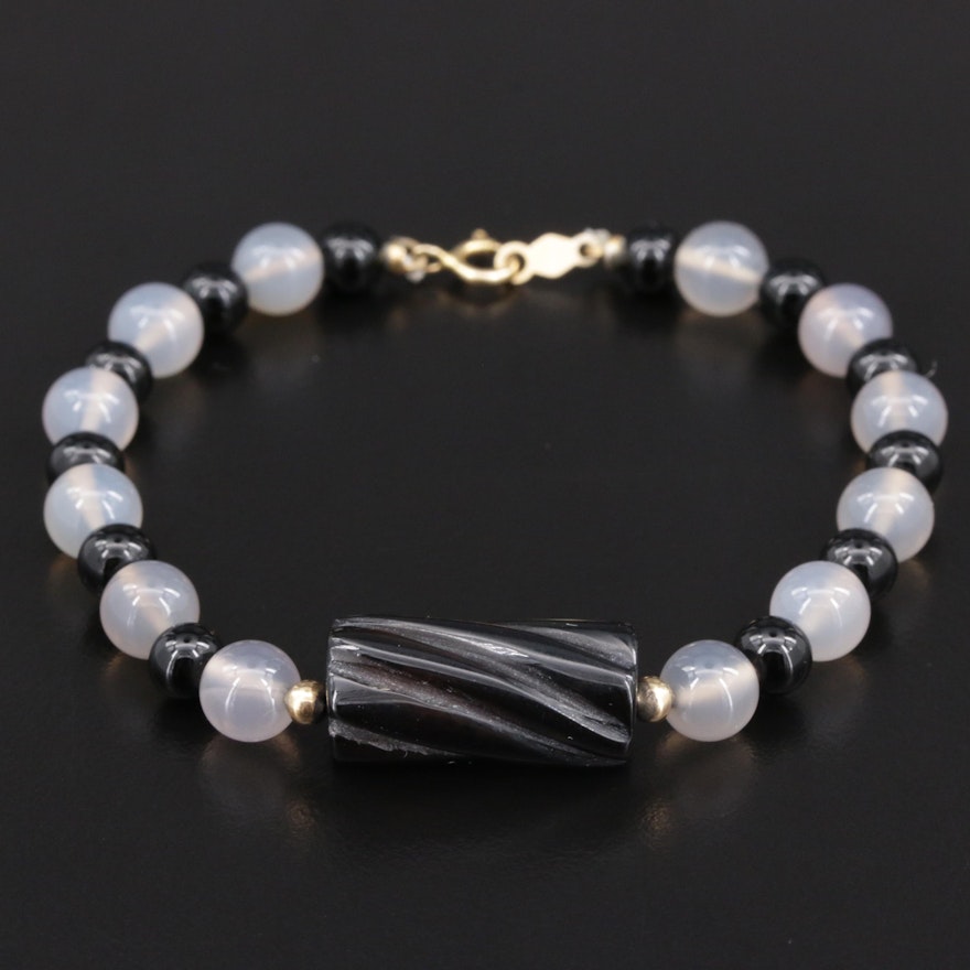 Black Onyx and Chalcedony Beaded Bracelet with 14K Gold Clasp and Spacer Beads