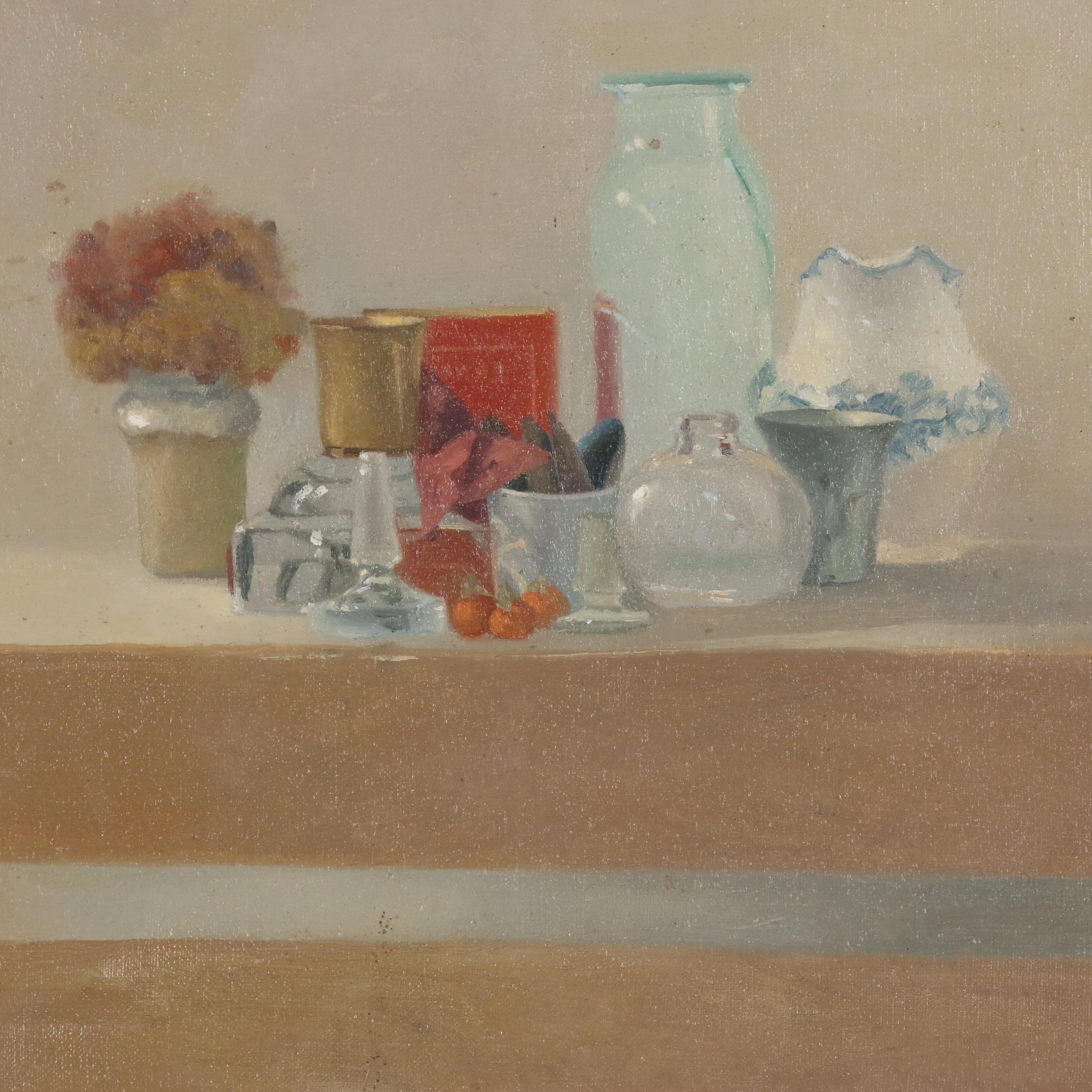 Robert Contois, Still Life Oil Painting "Glass Objects", 1974