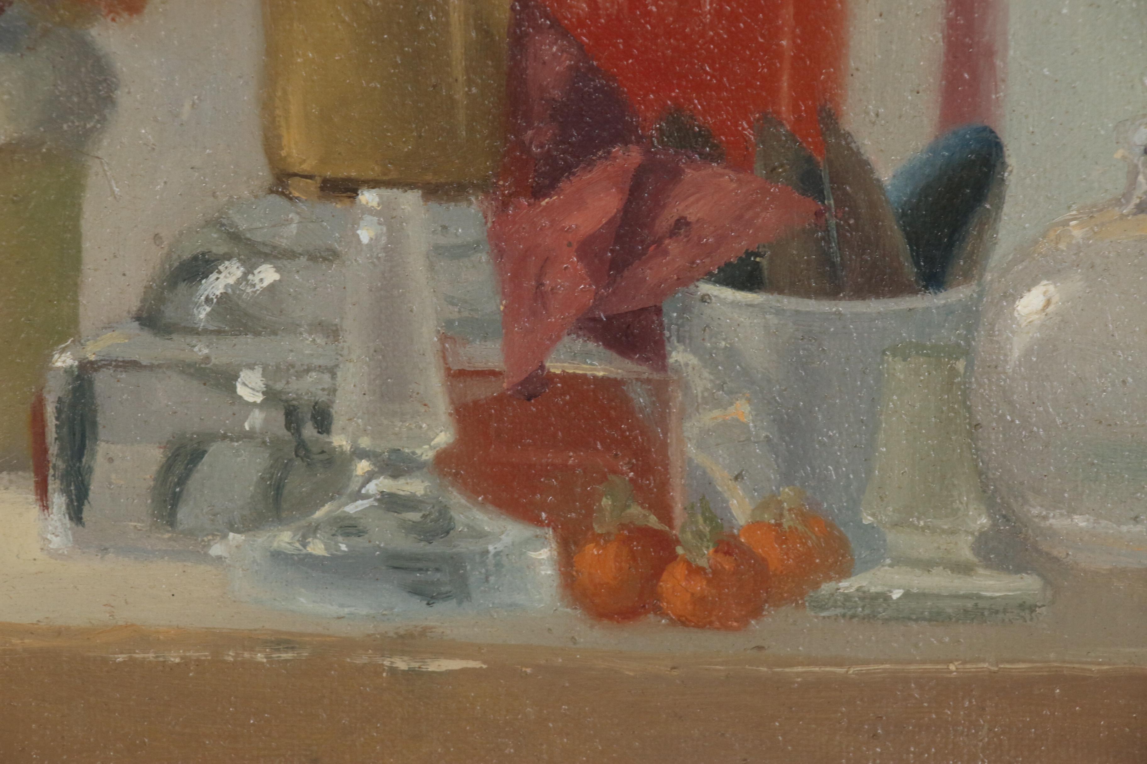 Robert Contois, Still Life Oil Painting "Glass Objects", 1974