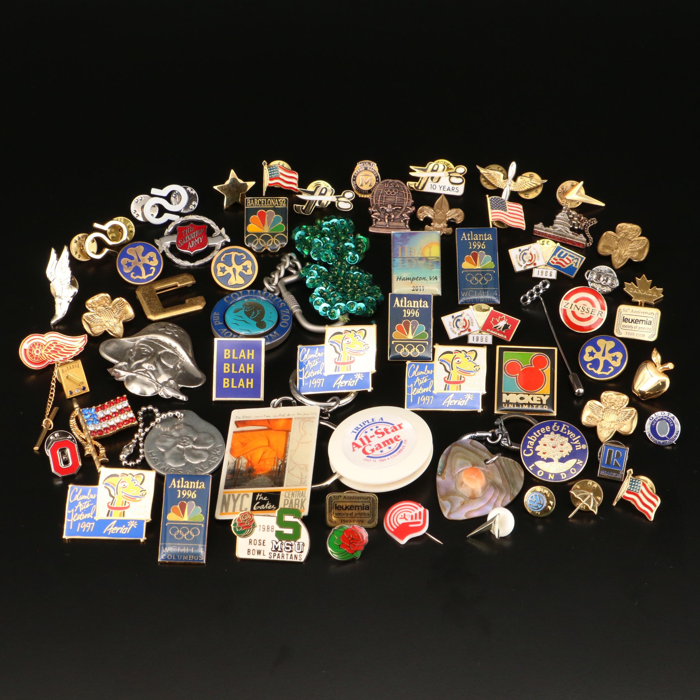 Selection of Pins Featuring 1996 Atlanta Olympics, Disney and Keychains