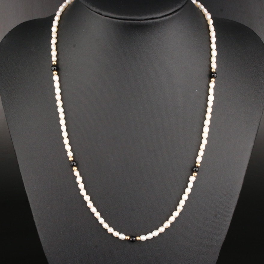 Cultured Pearl and Black Onyx Necklace With 14K Gold Clasp and Spacer Beads