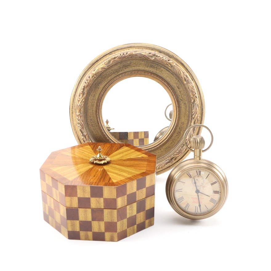 Thomas & Ross Brass Wall Clock with Maitland-Smith Marquetry Box and Gilt Mirror