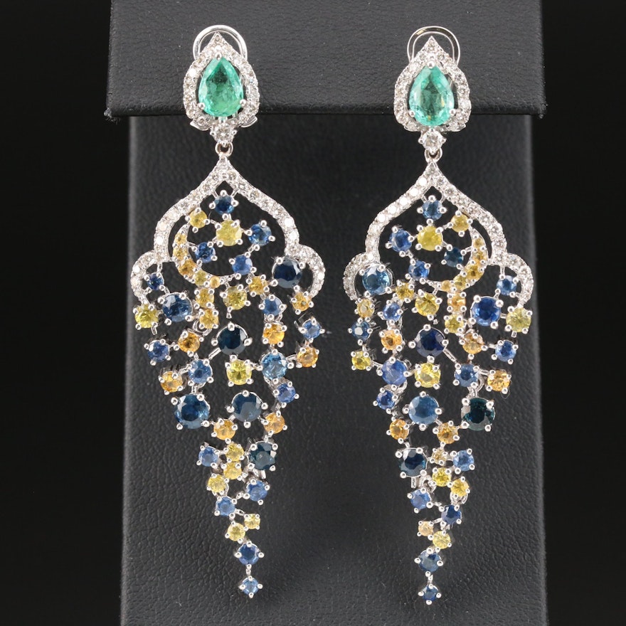 18K White Gold Emerald, Sapphire and 1.25 CTW Diamond Dangle Earrings