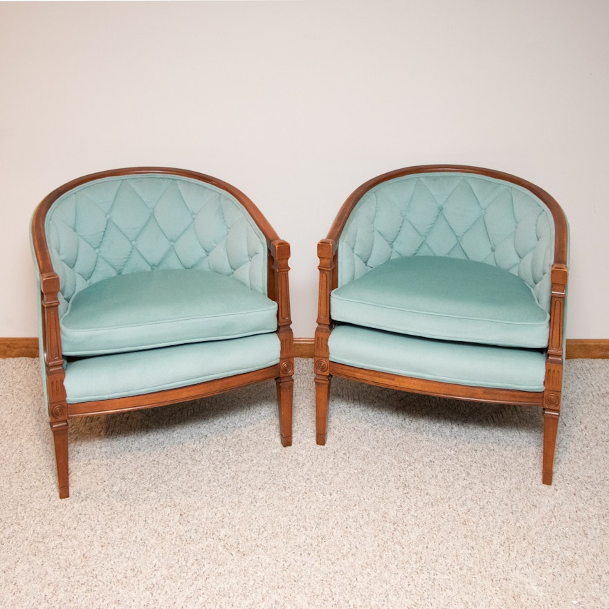 Pair of Mediterranean Style Upholstered Barrel Back Chairs, Mid-20th Century