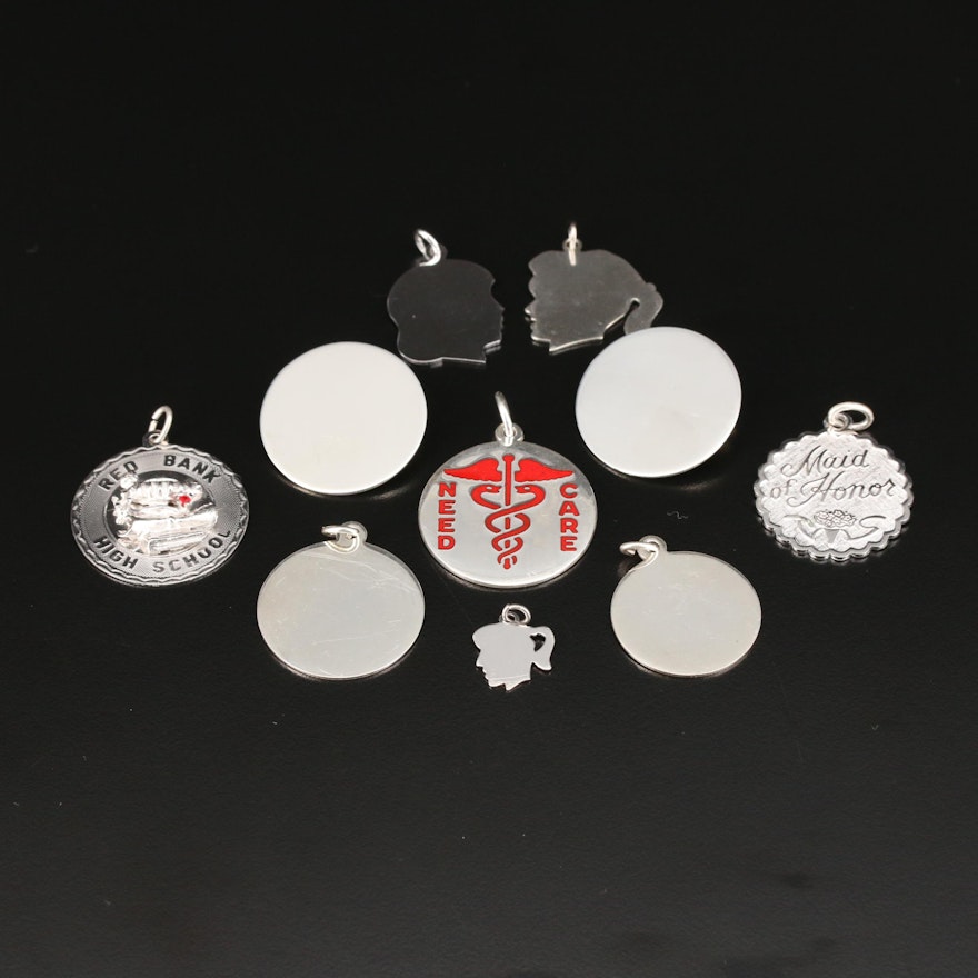 Sterling Silver Charms and Pins with Silhouette and 'Maid of Honor' Pendants