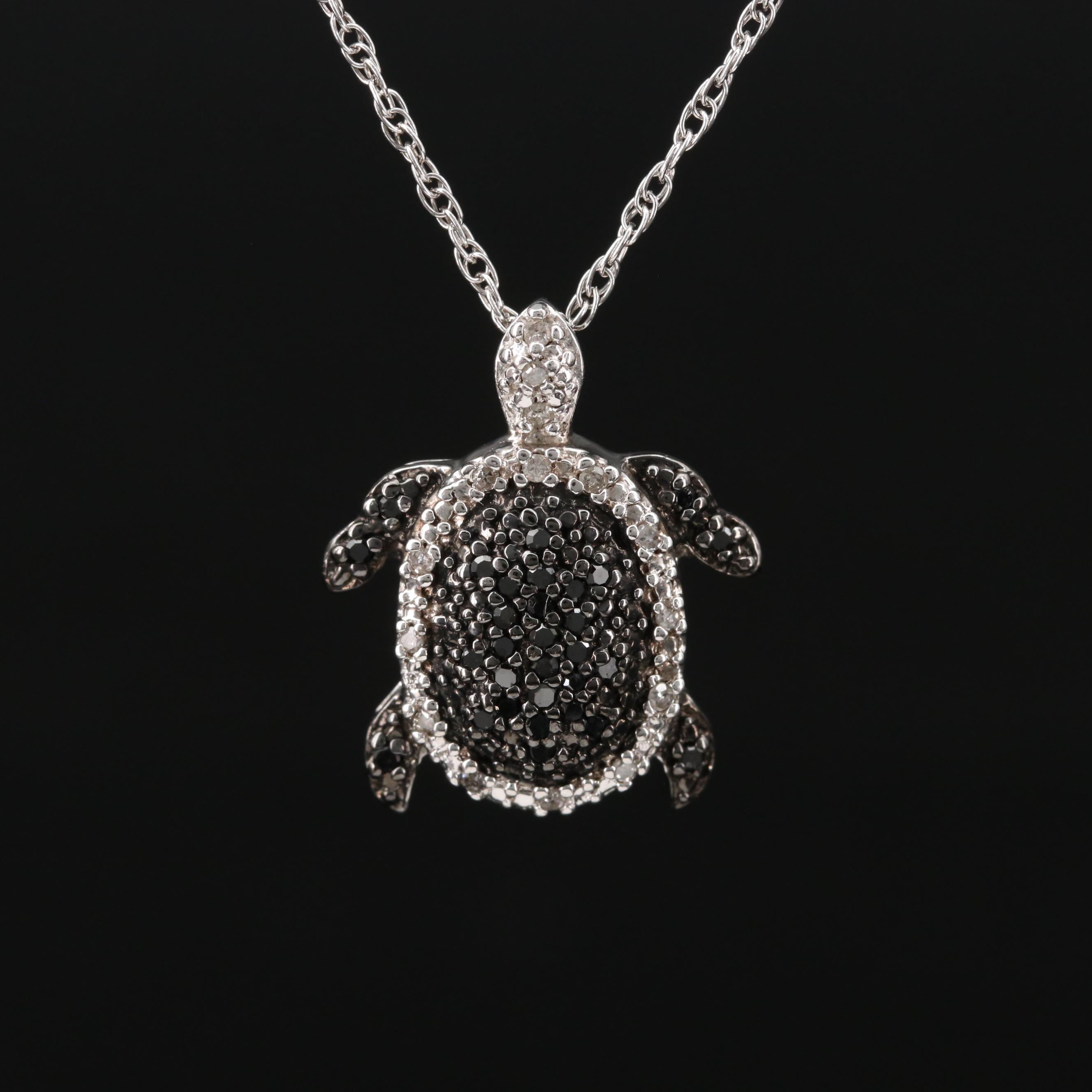 Sterling Diamond and Black Diamond Turtle Pendant Necklace