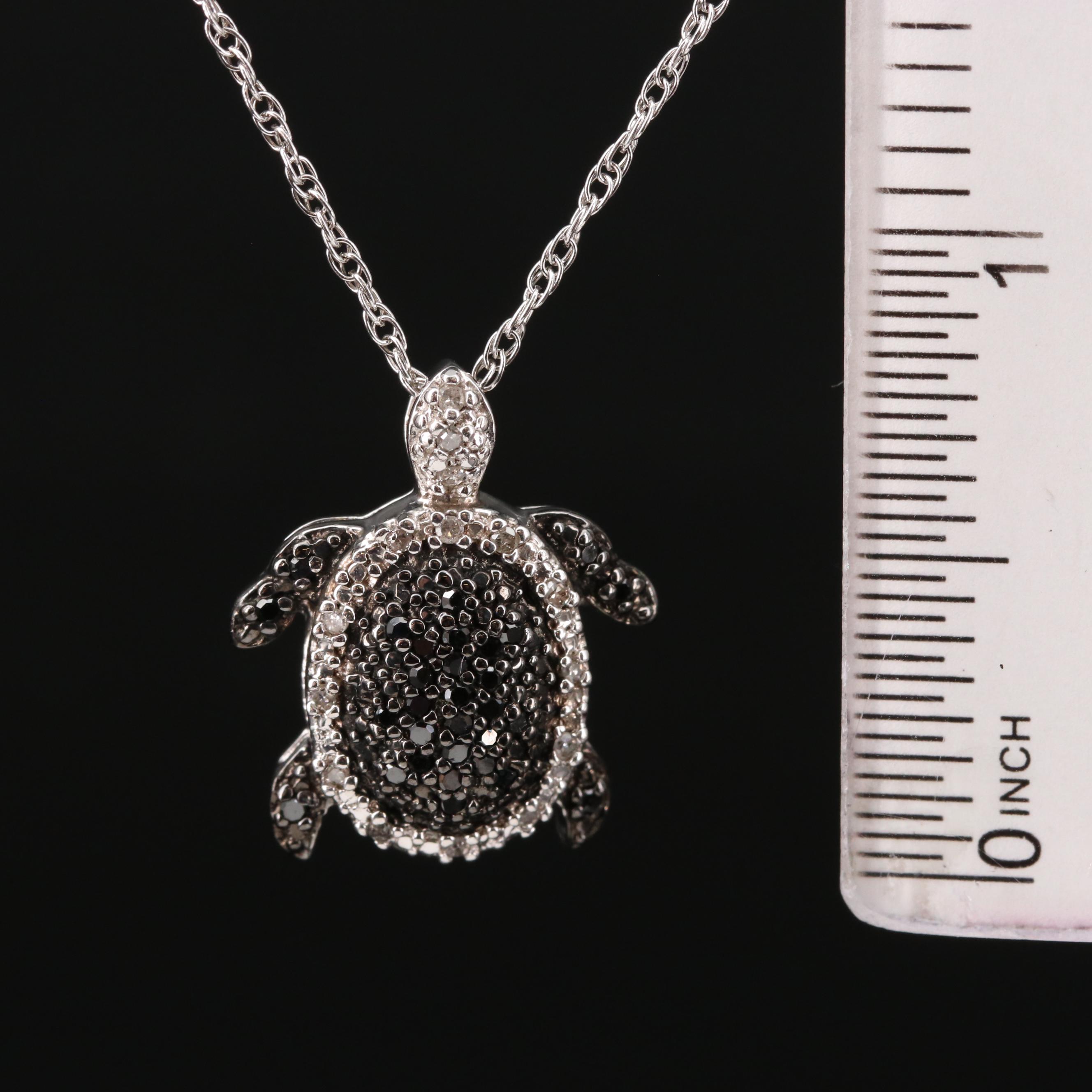 Sterling Diamond and Black Diamond Turtle Pendant Necklace