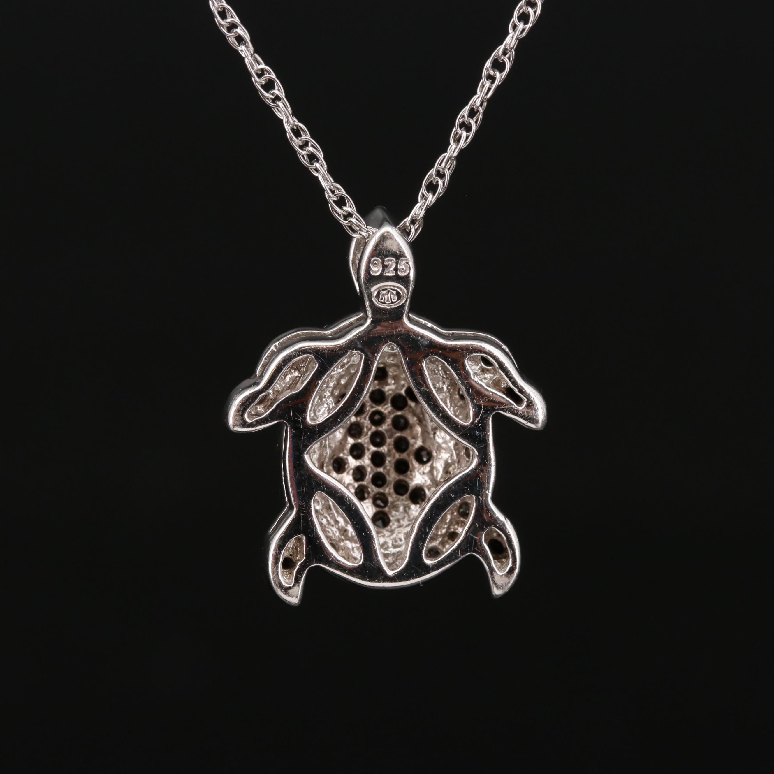 Sterling Diamond and Black Diamond Turtle Pendant Necklace