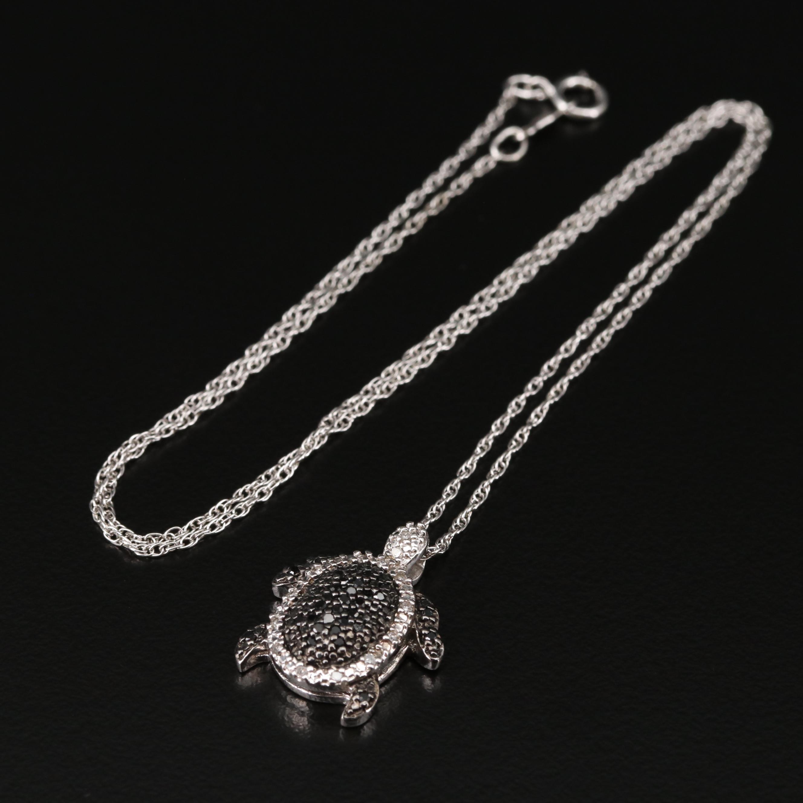 Sterling Diamond and Black Diamond Turtle Pendant Necklace