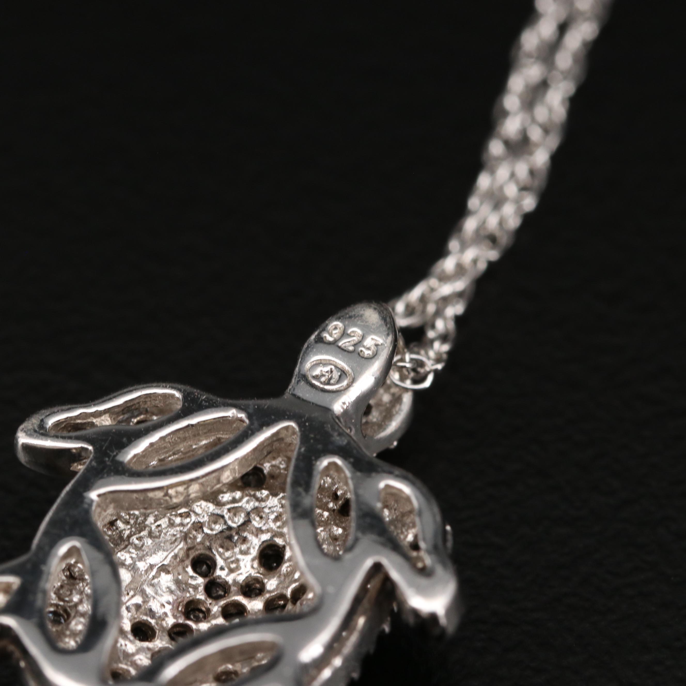 Sterling Diamond and Black Diamond Turtle Pendant Necklace