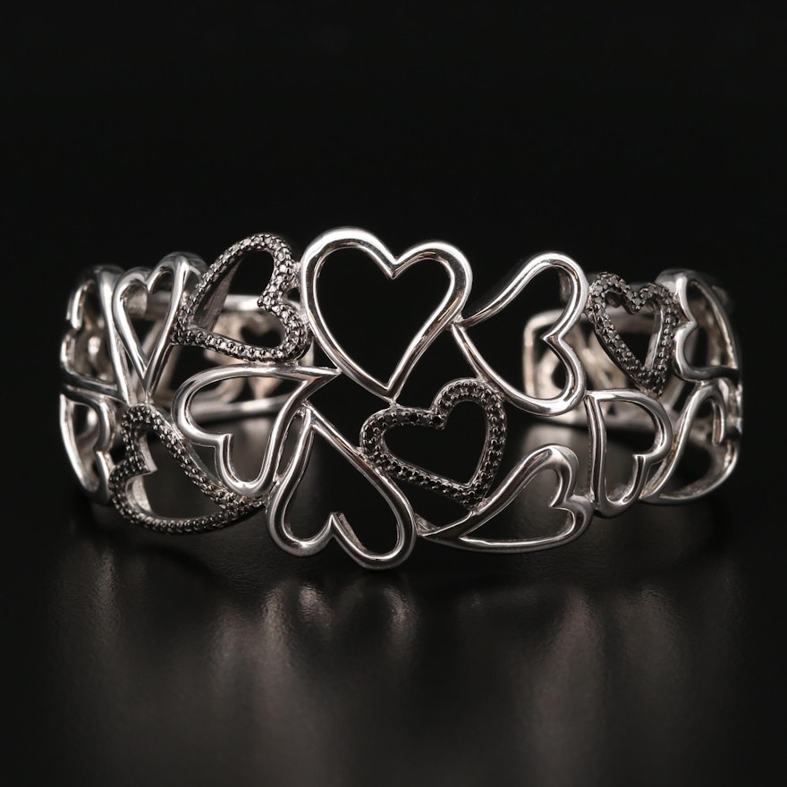 Sterling Openwork Heart Motif Cuff with Diamond Accents