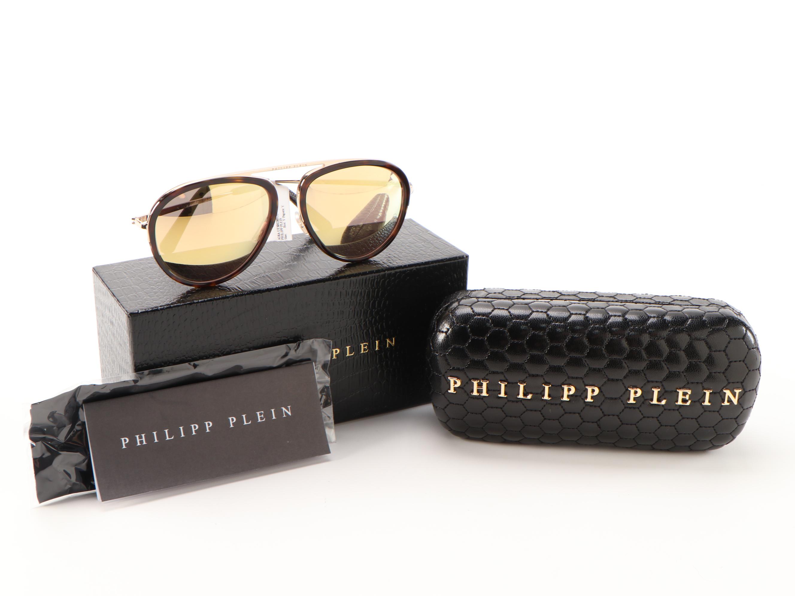 Philipp Plein Records UES0028 Havana Gold Mirrored Aviator Sunglasses with Case