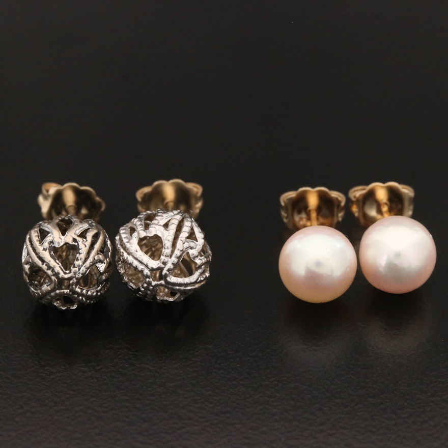 14K Yellow and White Gold Stud Earrings Including Cultured Pearl Accents