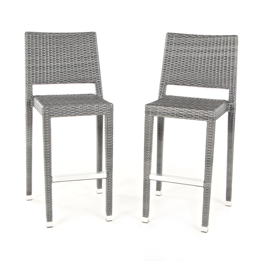 Pair of Gray Synthetic Wicker Barstools