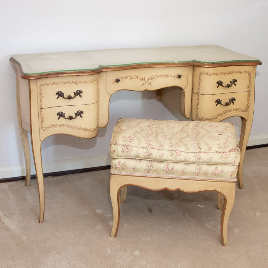 French Provincial Style Painted Vanity Table with Upholstered Bench