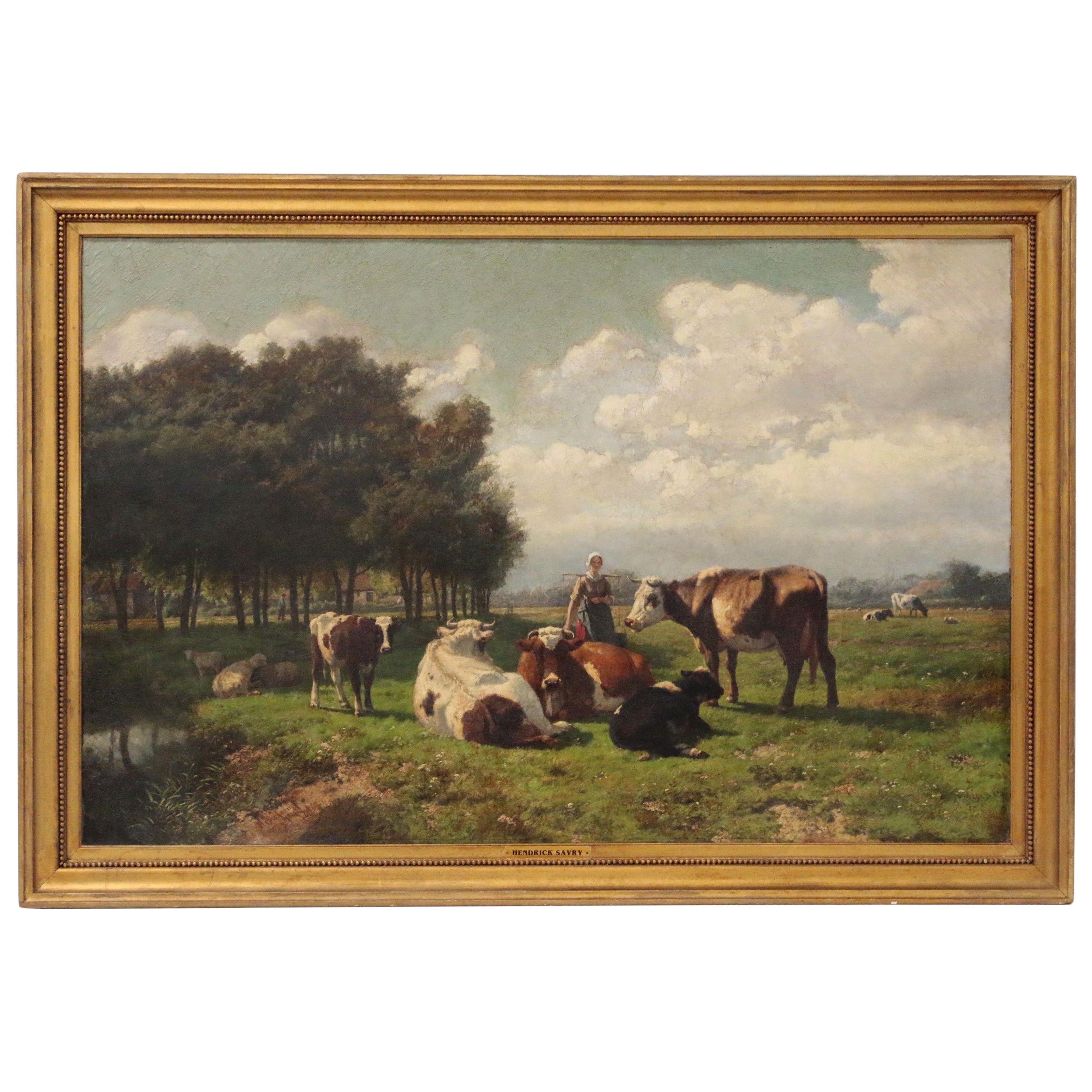 Hendrik Savry Oil Painting of Dutch Pastoral Landscape, 1884