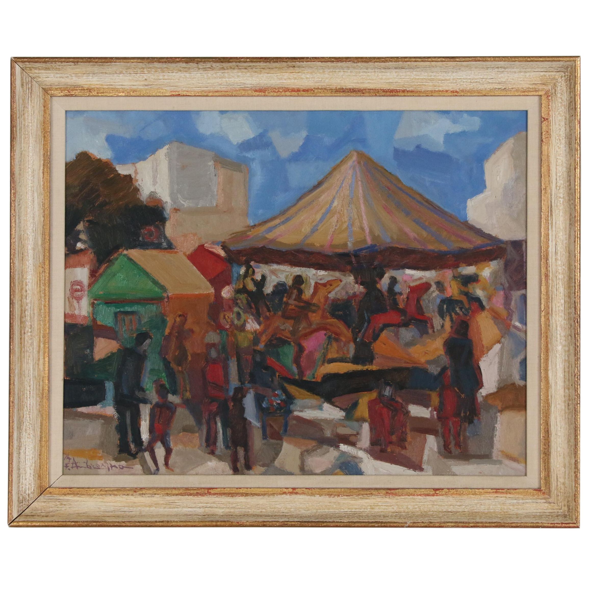Ferdinando Ambrosino Oil Painting of Abstract Street Scene with Carousel
