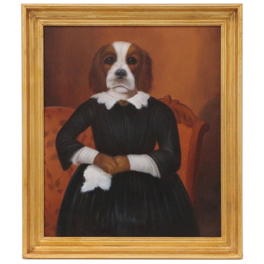 Oil Painting of Anthropomorphic Dog in Black Dress