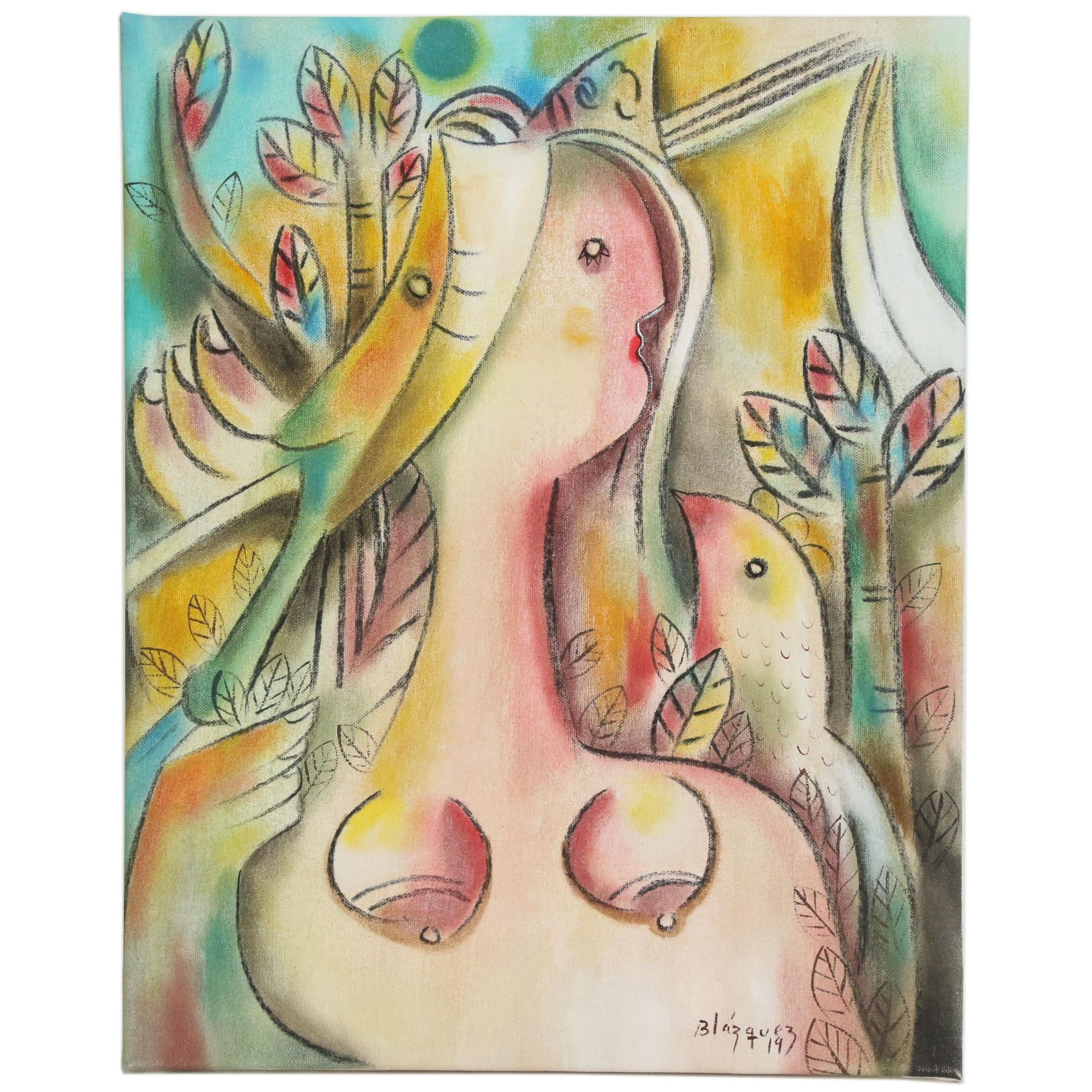 Michel Blazquez Acrylic Painting "Women with Bird"