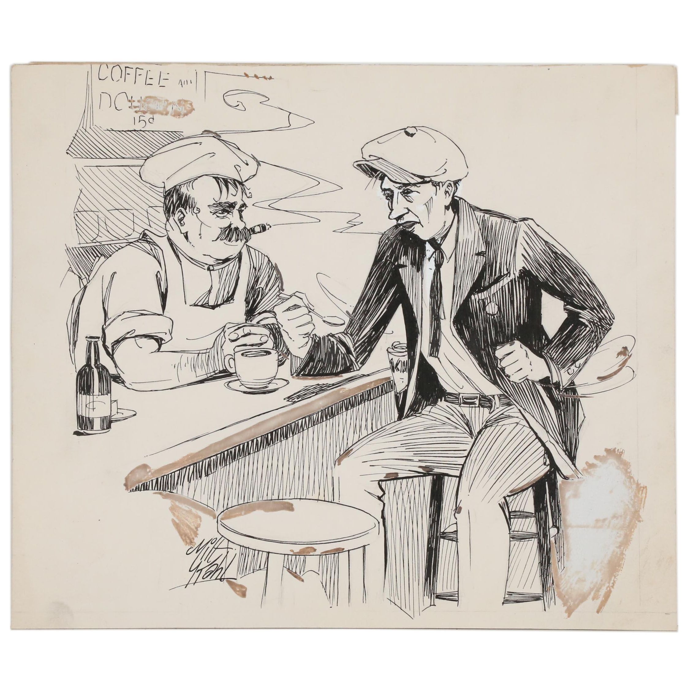 Milton Kahl Pen & Ink Illustration of Coffee Shop Genre Scene, 20th Century