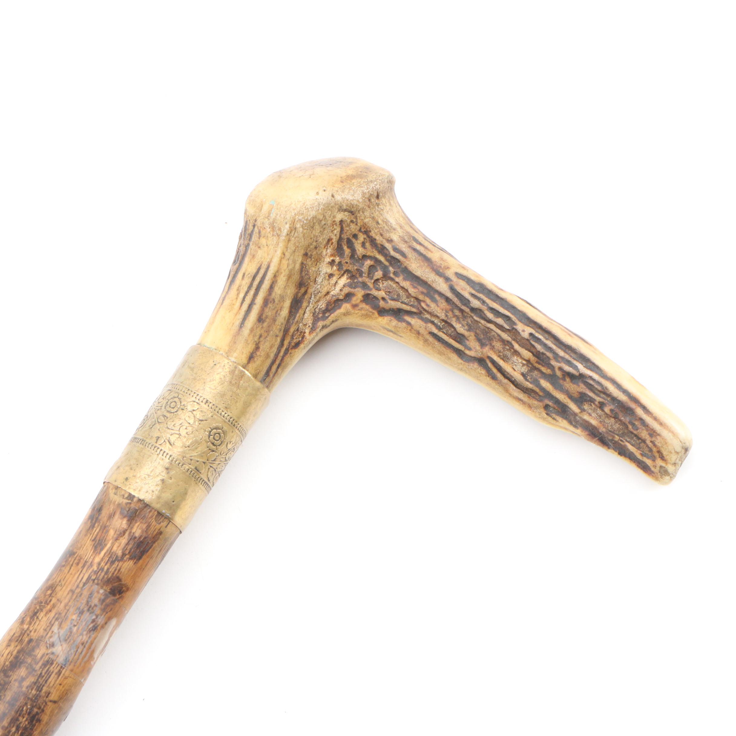 Irish Shillelagh with Deer Antler Walking Stick, Early to Mid 20th Century