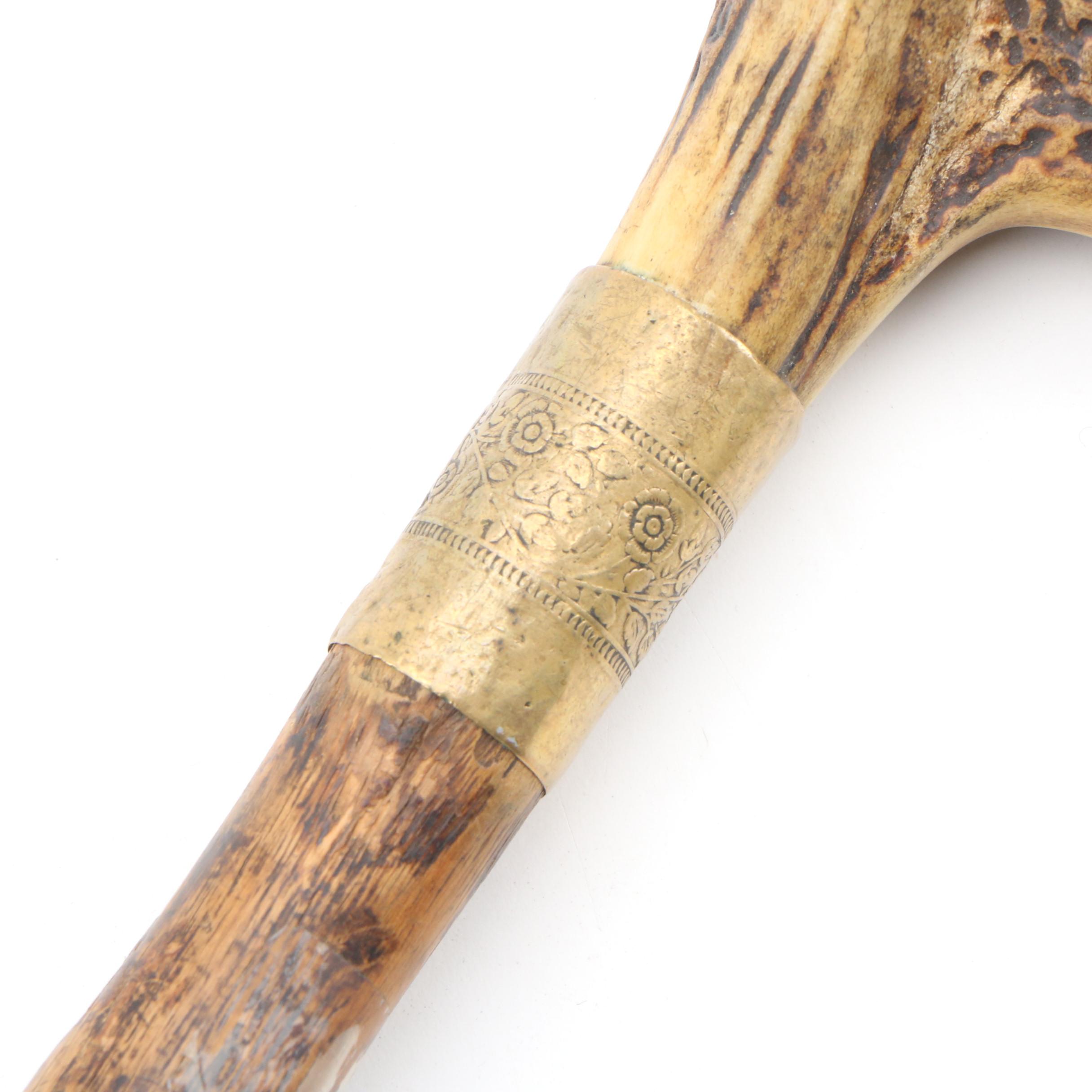 Irish Shillelagh with Deer Antler Walking Stick, Early to Mid 20th Century