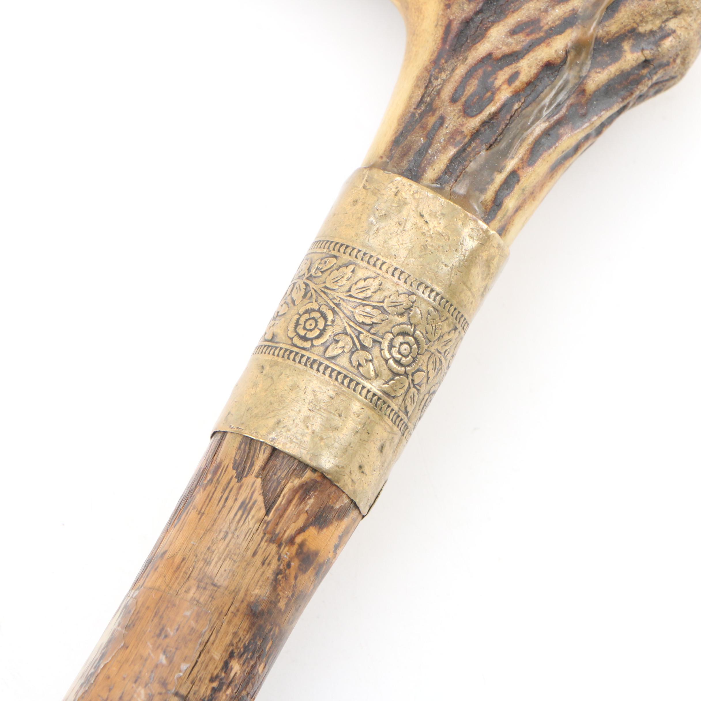 Irish Shillelagh with Deer Antler Walking Stick, Early to Mid 20th Century