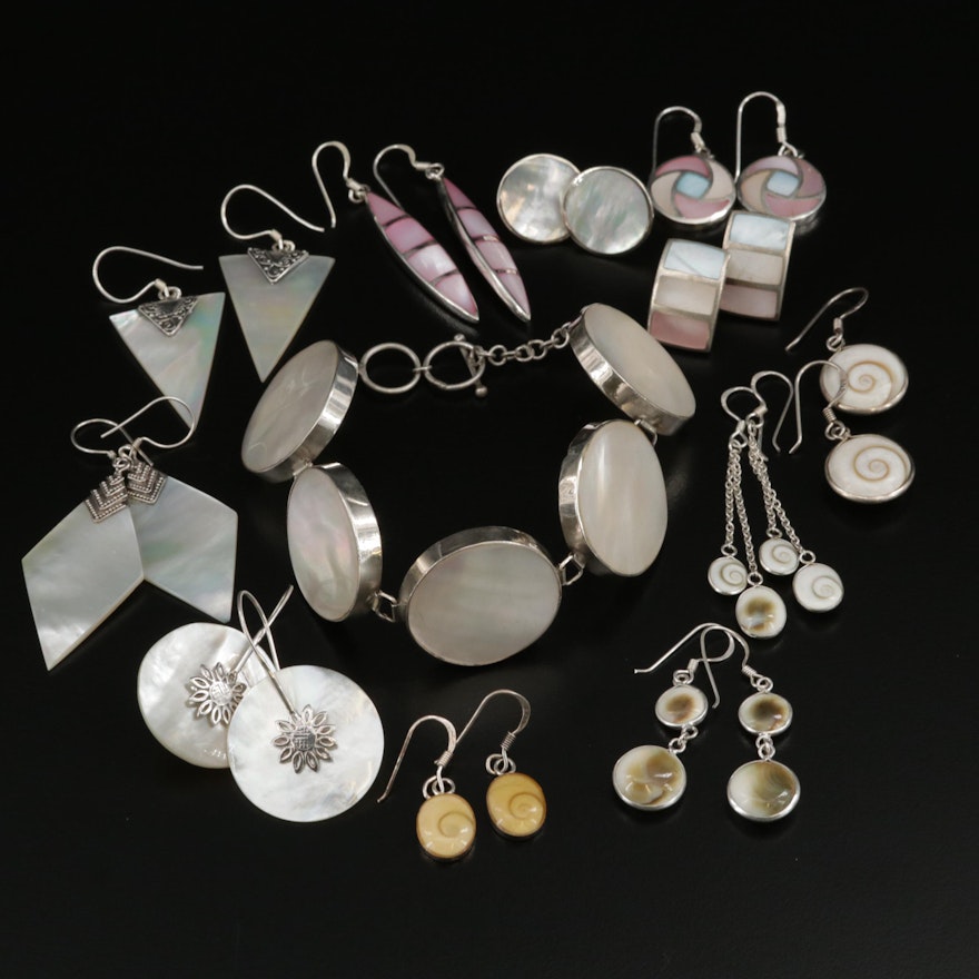 Sterling Silver Earrings and Bracelet With Mother of Pearl and Shell Accent