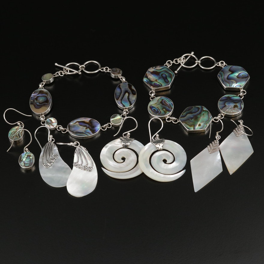 Sterling Silver Bracelets and Earrings Featuring Mother of Pearl and Abalone