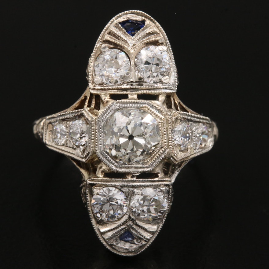 Art Deco 18K Gold 1.71 CT Diamond and Synthetic Sapphire Ring