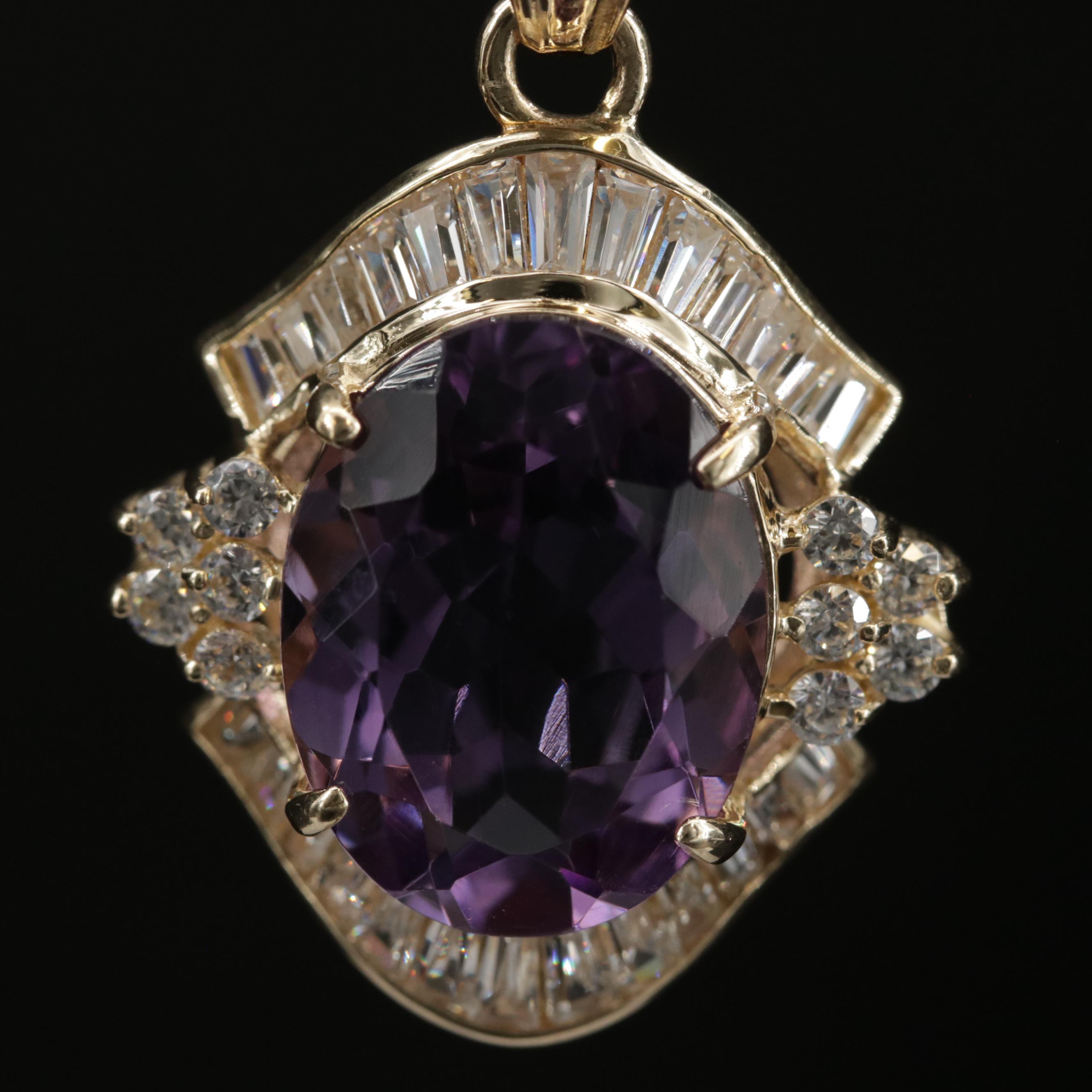 14K Yellow Gold Amethyst and Cubic Zirconia Pendant