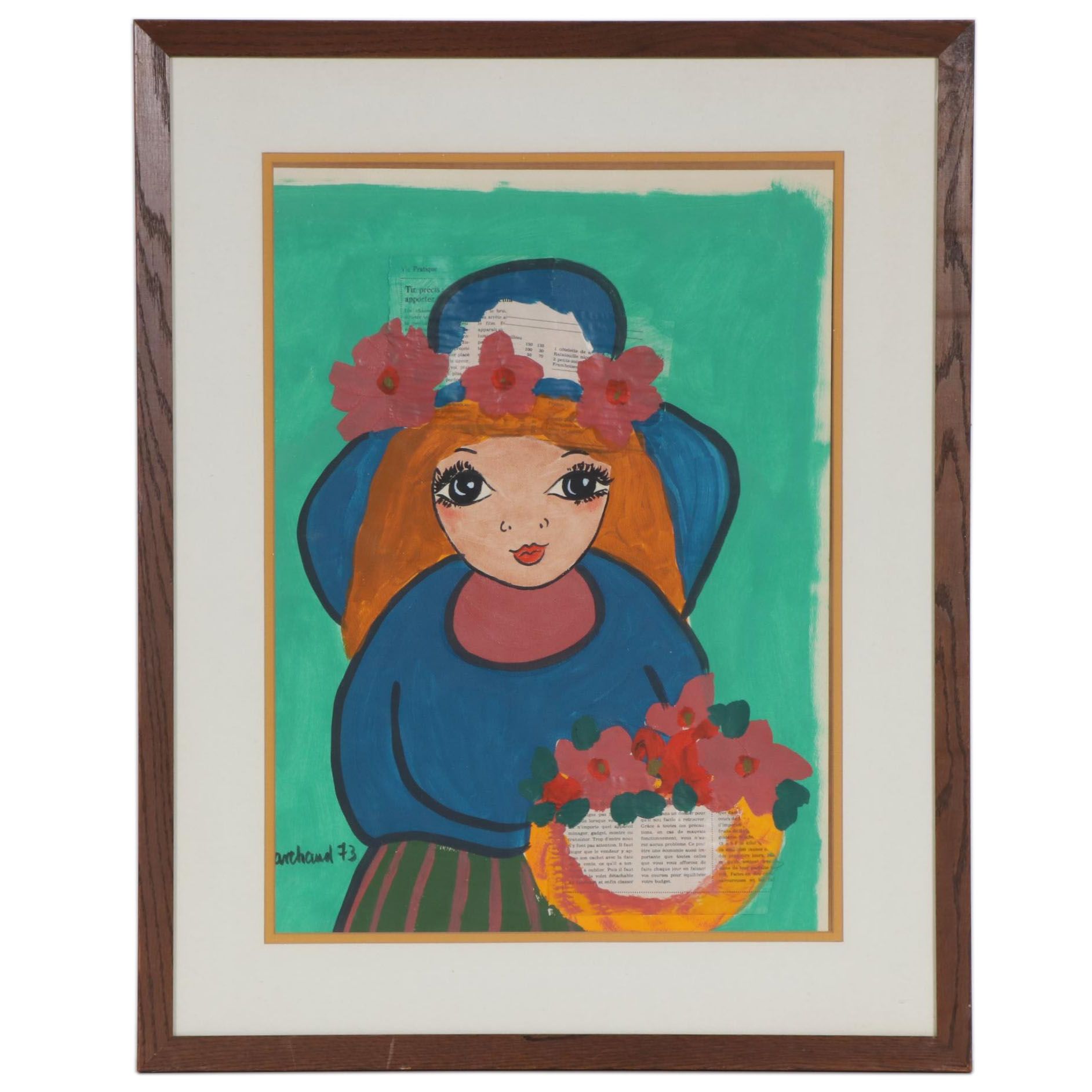 Gouache Painting and Collage "Flower Girl", 1973