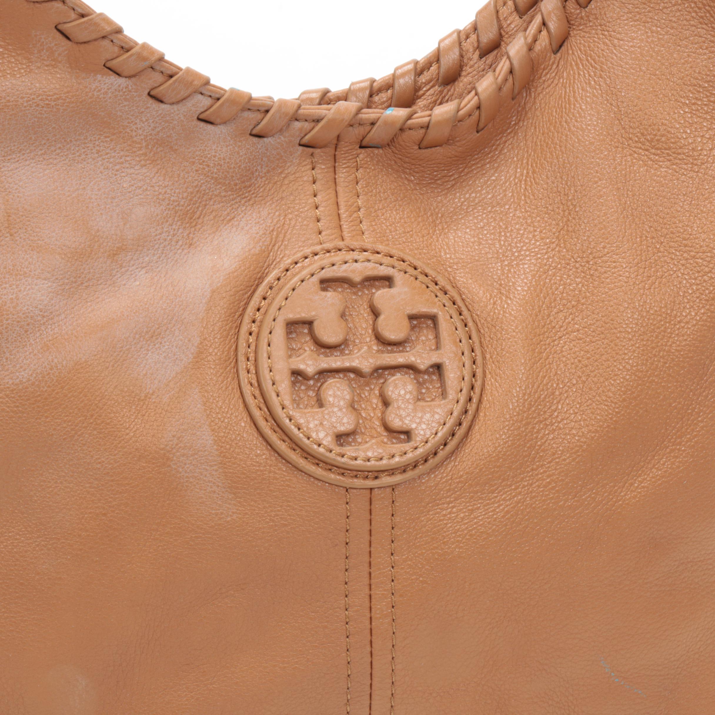 Tory Burch Hobo Shoulder Bag in Camel Pebbled Leather with Whipstitch Trim