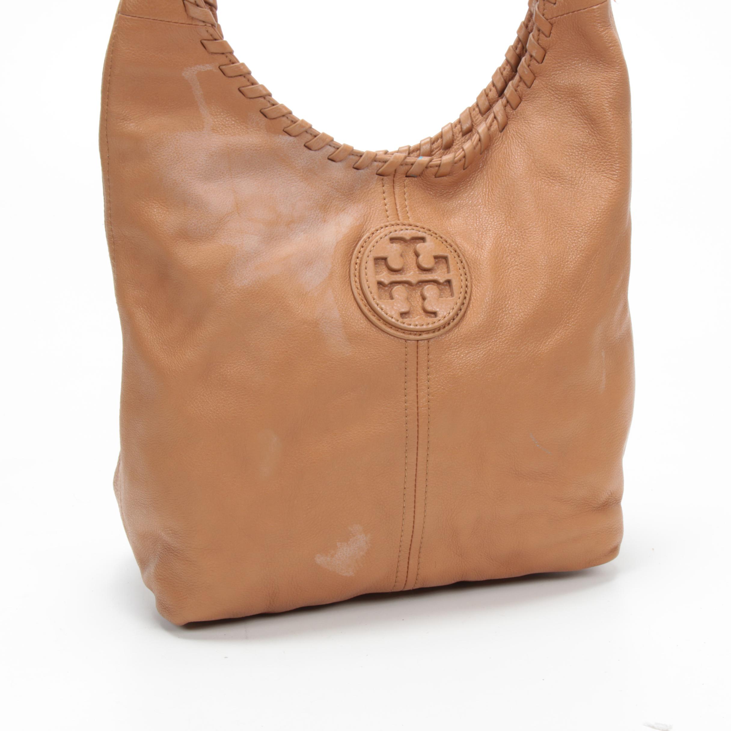 Tory Burch Hobo Shoulder Bag in Camel Pebbled Leather with Whipstitch Trim