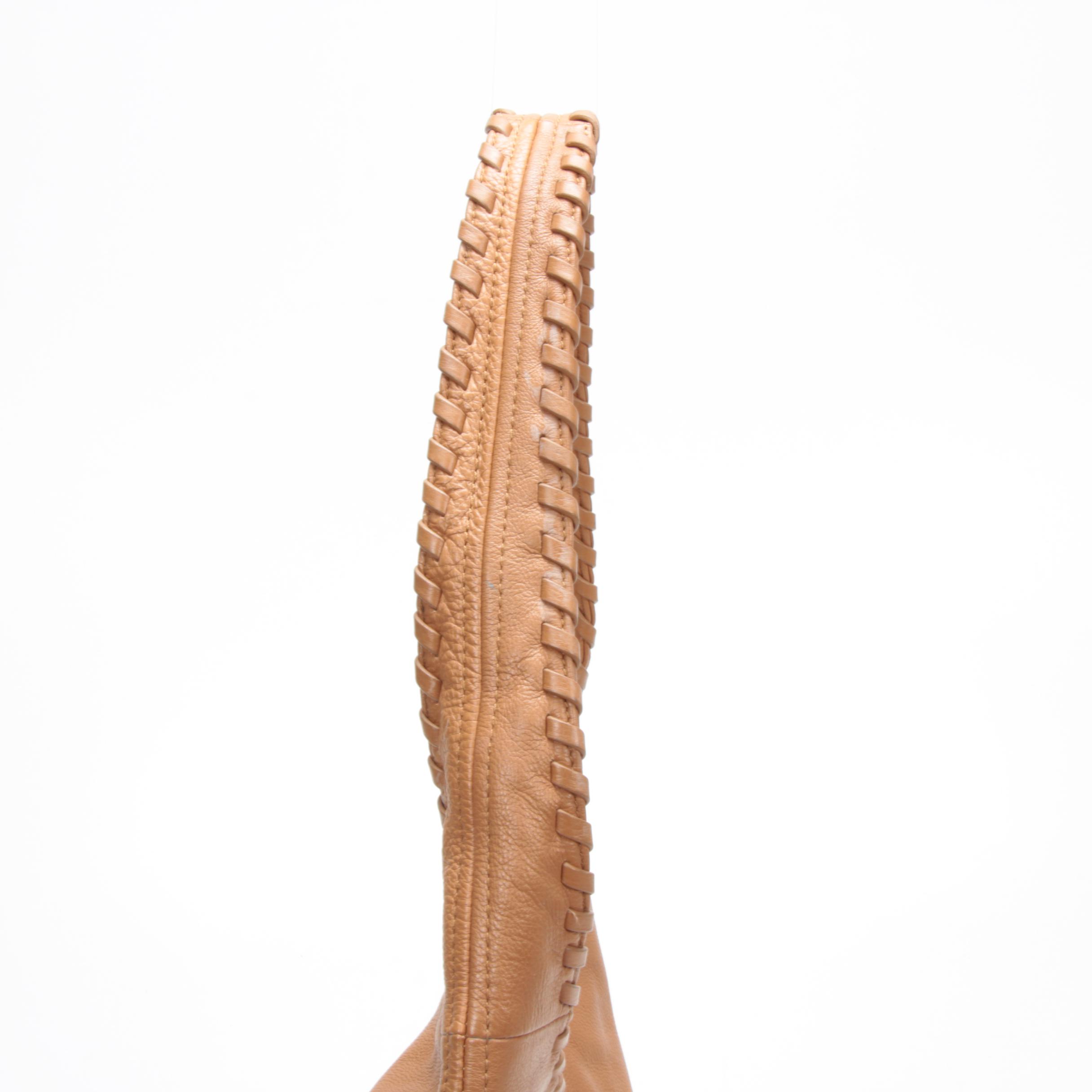 Tory Burch Hobo Shoulder Bag in Camel Pebbled Leather with Whipstitch Trim