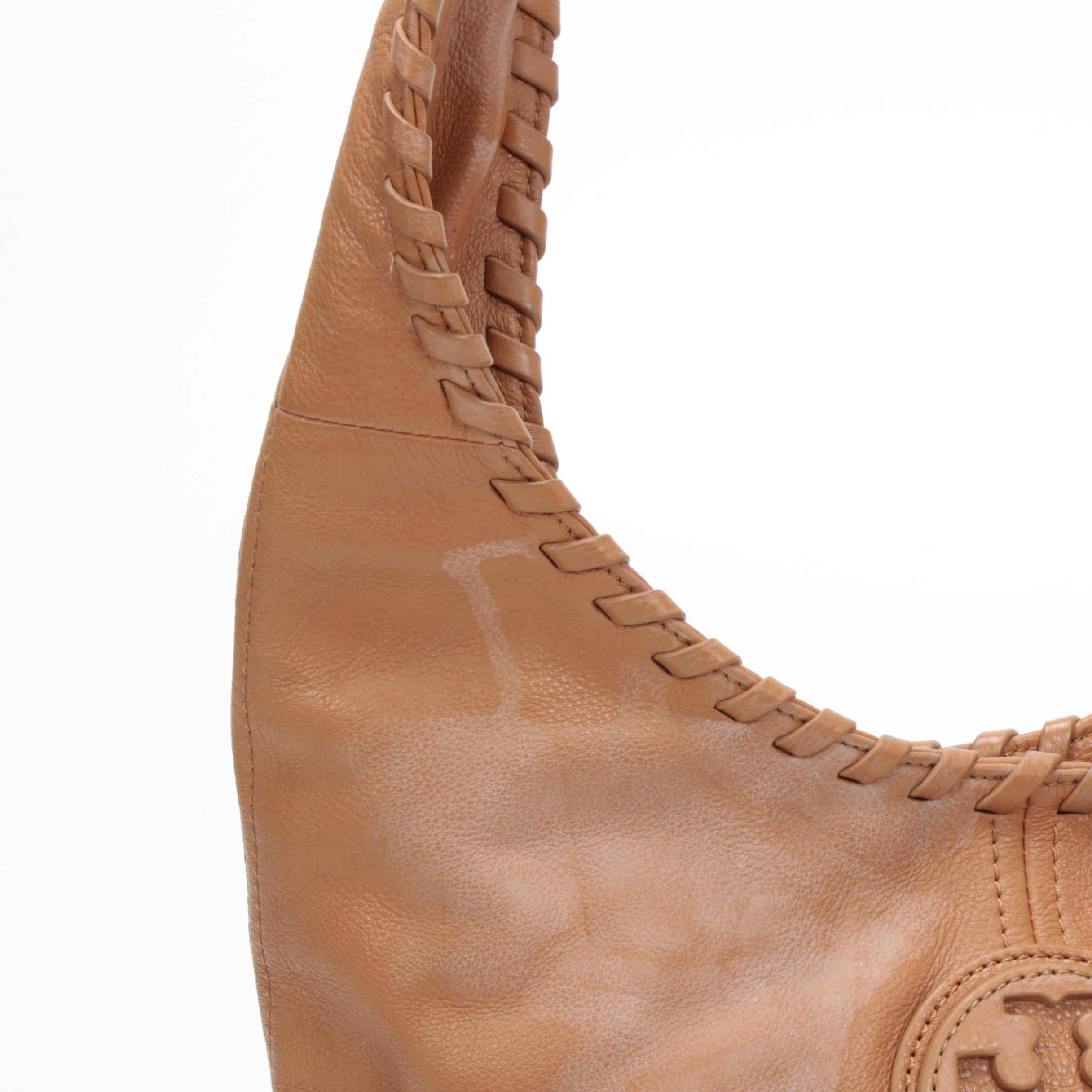 Tory Burch Hobo Shoulder Bag in Camel Pebbled Leather with Whipstitch Trim