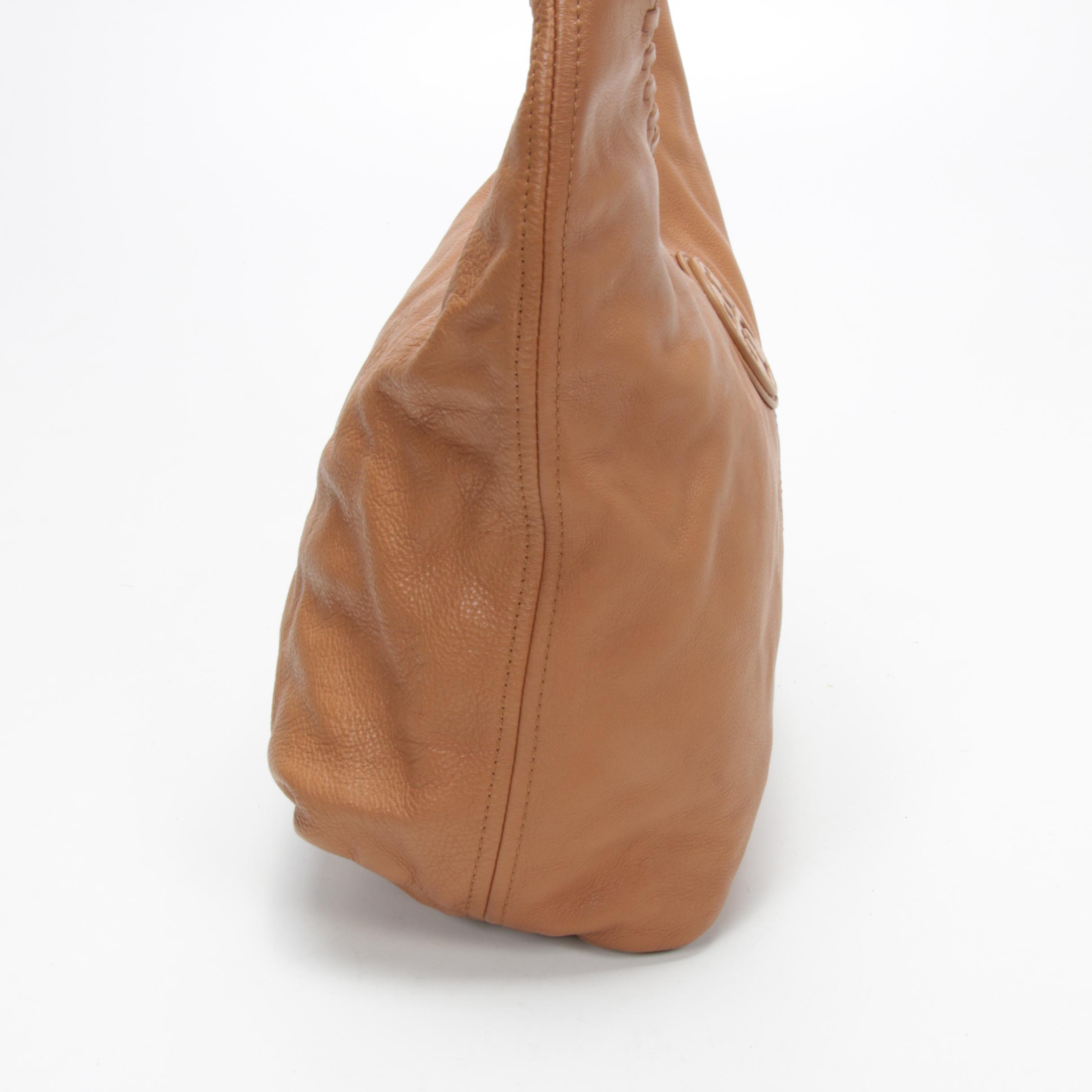 Tory Burch Hobo Shoulder Bag in Camel Pebbled Leather with Whipstitch Trim