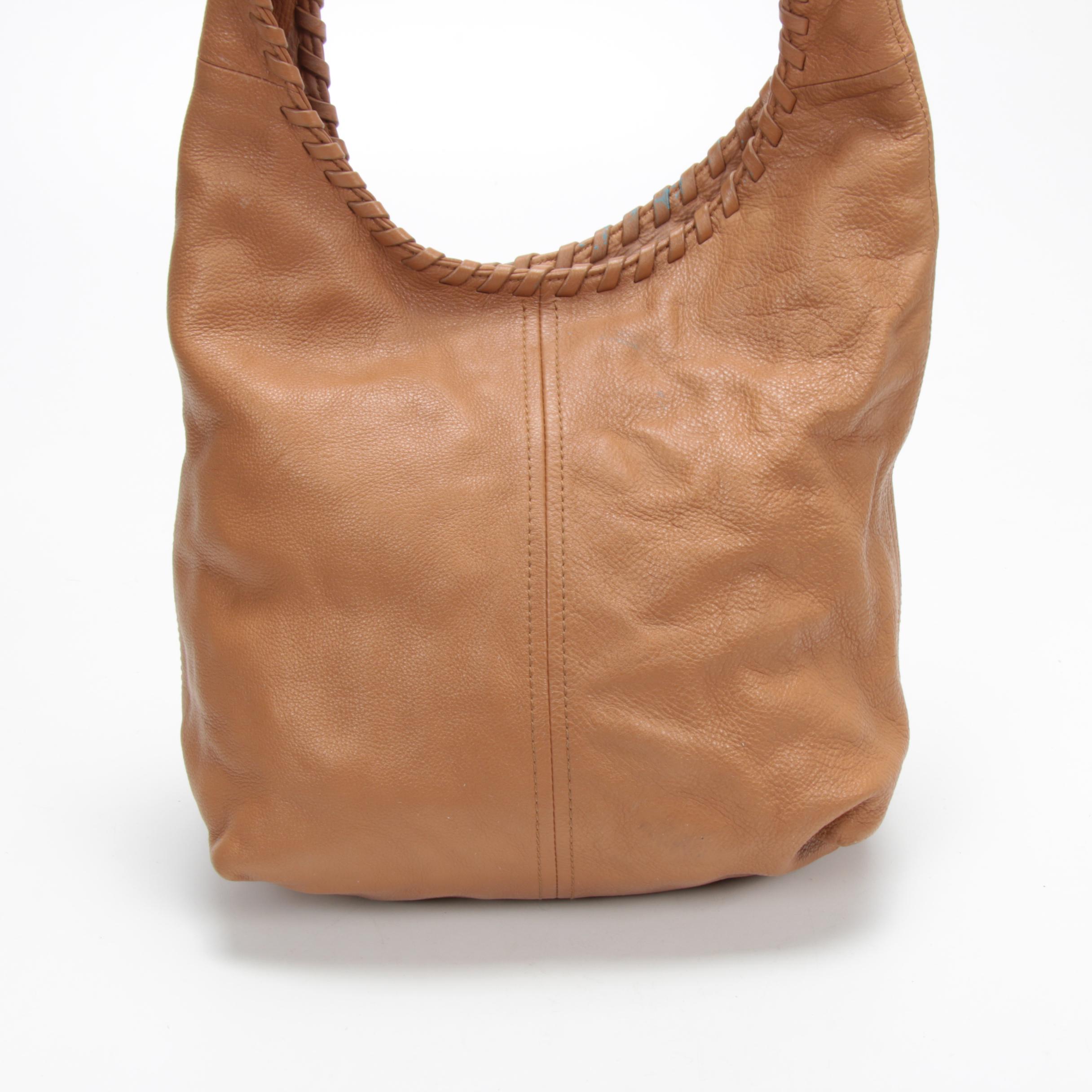Tory Burch Hobo Shoulder Bag in Camel Pebbled Leather with Whipstitch Trim